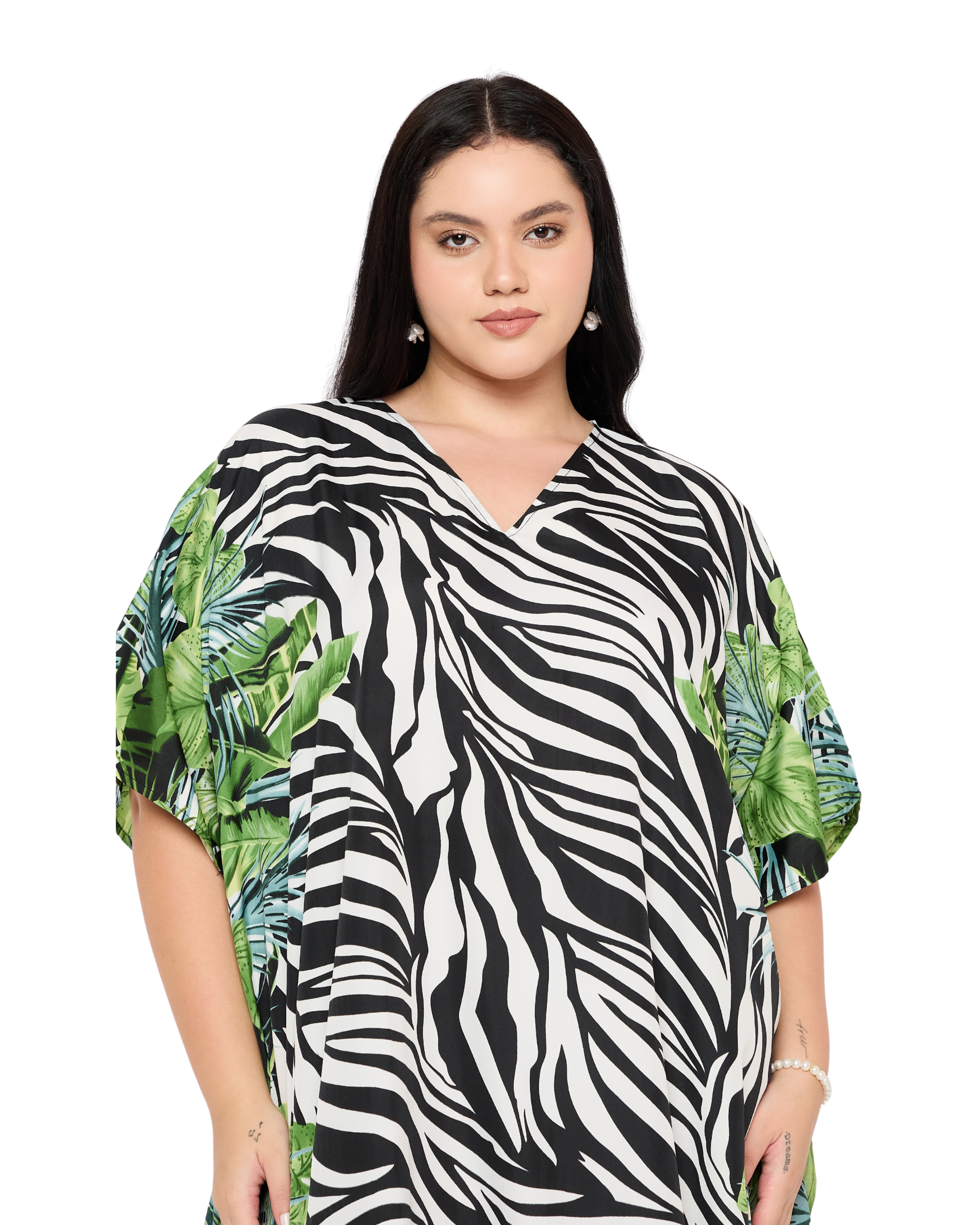 Black Striped Polyester Women Plus Size Beach Caftan Cover Up