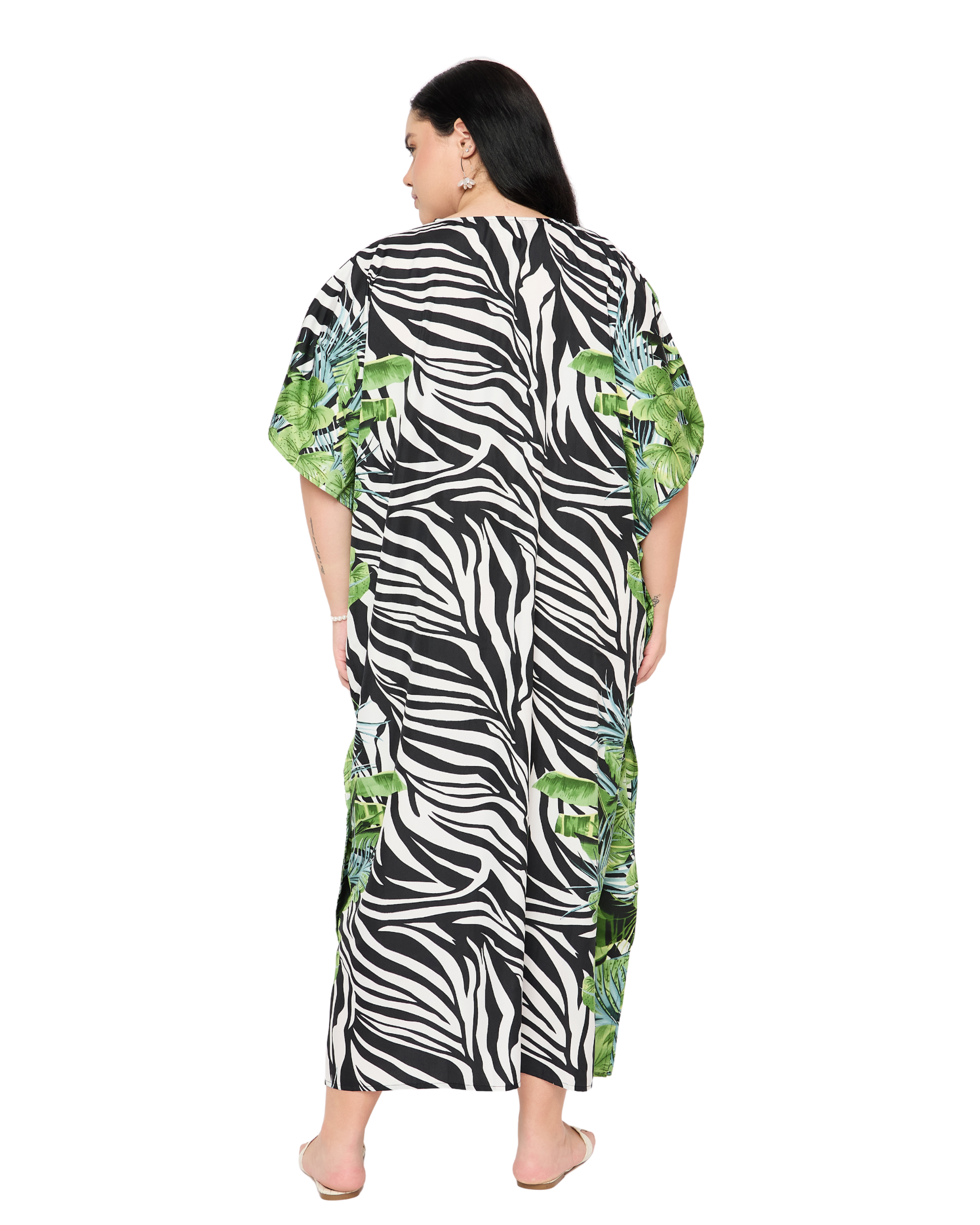 Black Striped Polyester Women Plus Size Beach Caftan Cover Up
