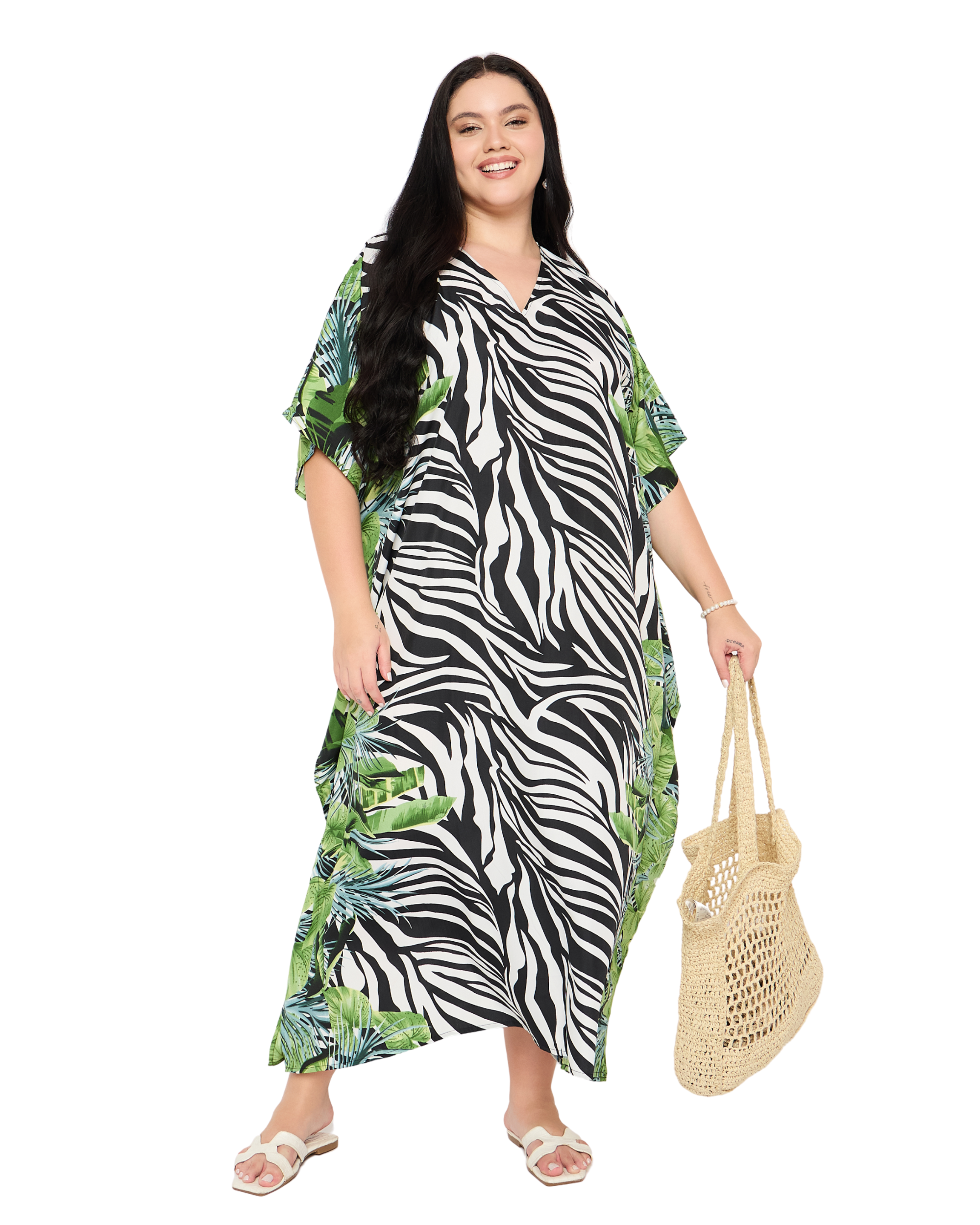 Black Striped Polyester Women Plus Size Beach Caftan Cover Up