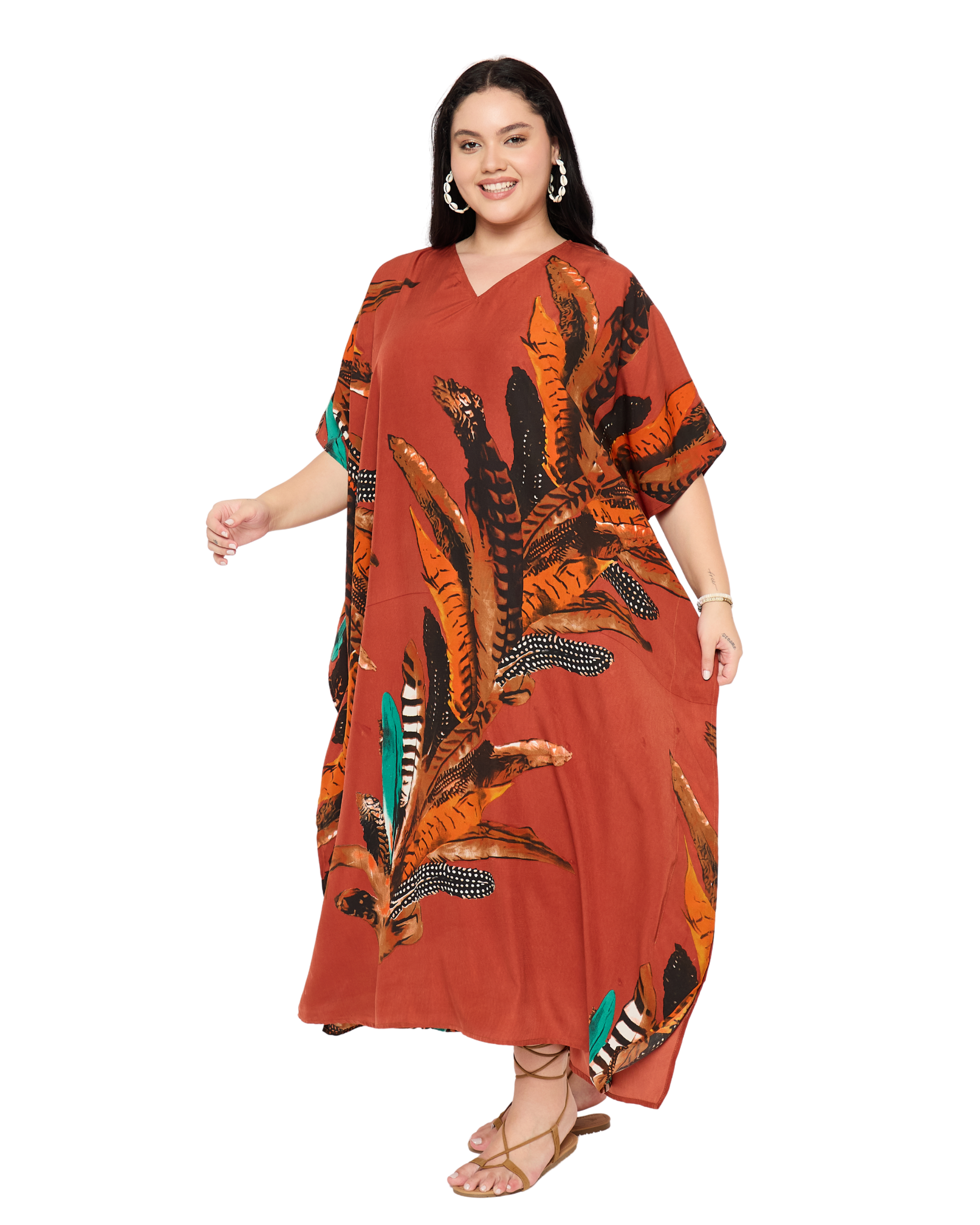 Red Feather Polyester Kaftan For Women Plus Size House Dress