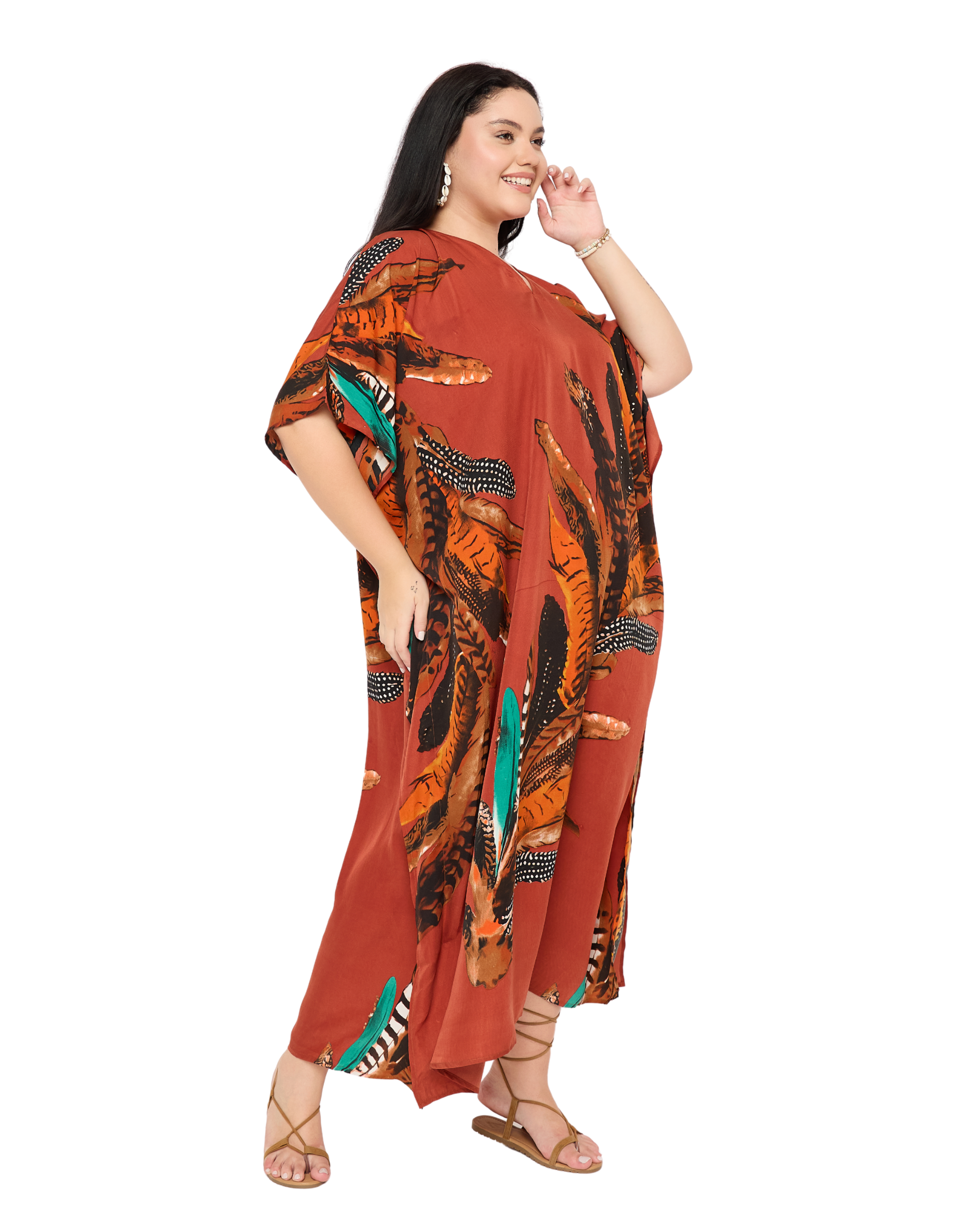 Red Feather Polyester Kaftan For Women Plus Size House Dress