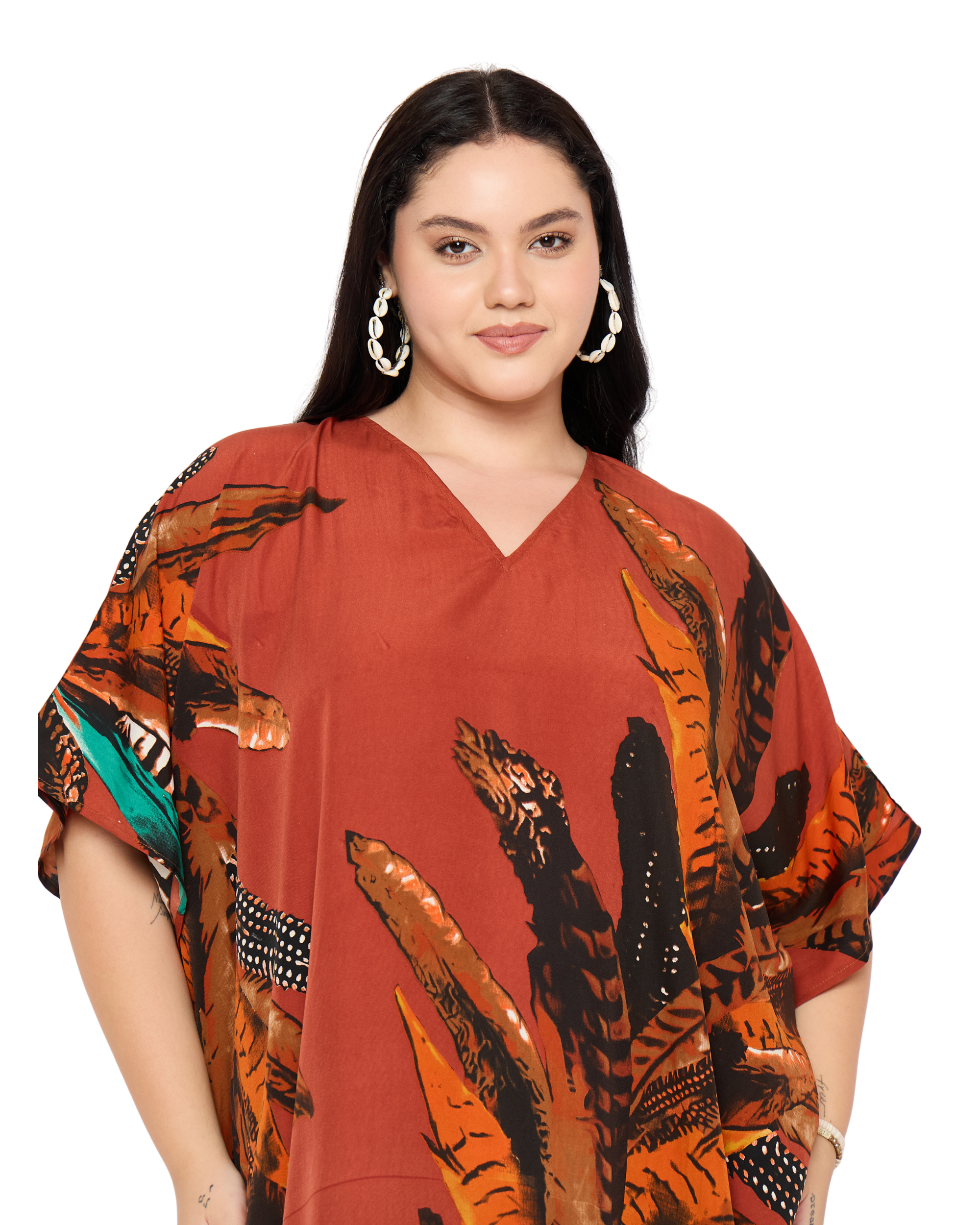 Red Feather Polyester Kaftan For Women Plus Size House Dress