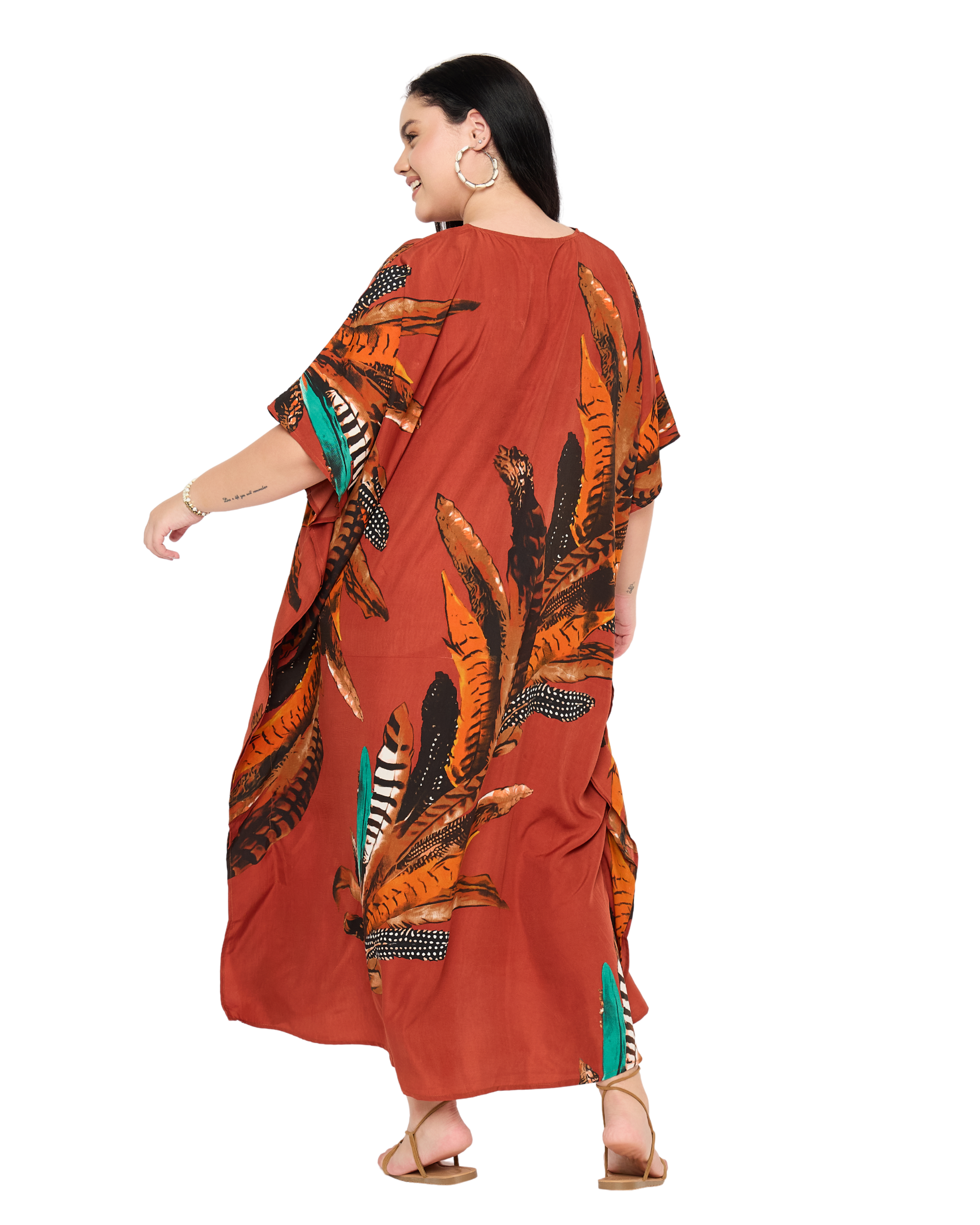 Red Feather Polyester Kaftan For Women Plus Size House Dress