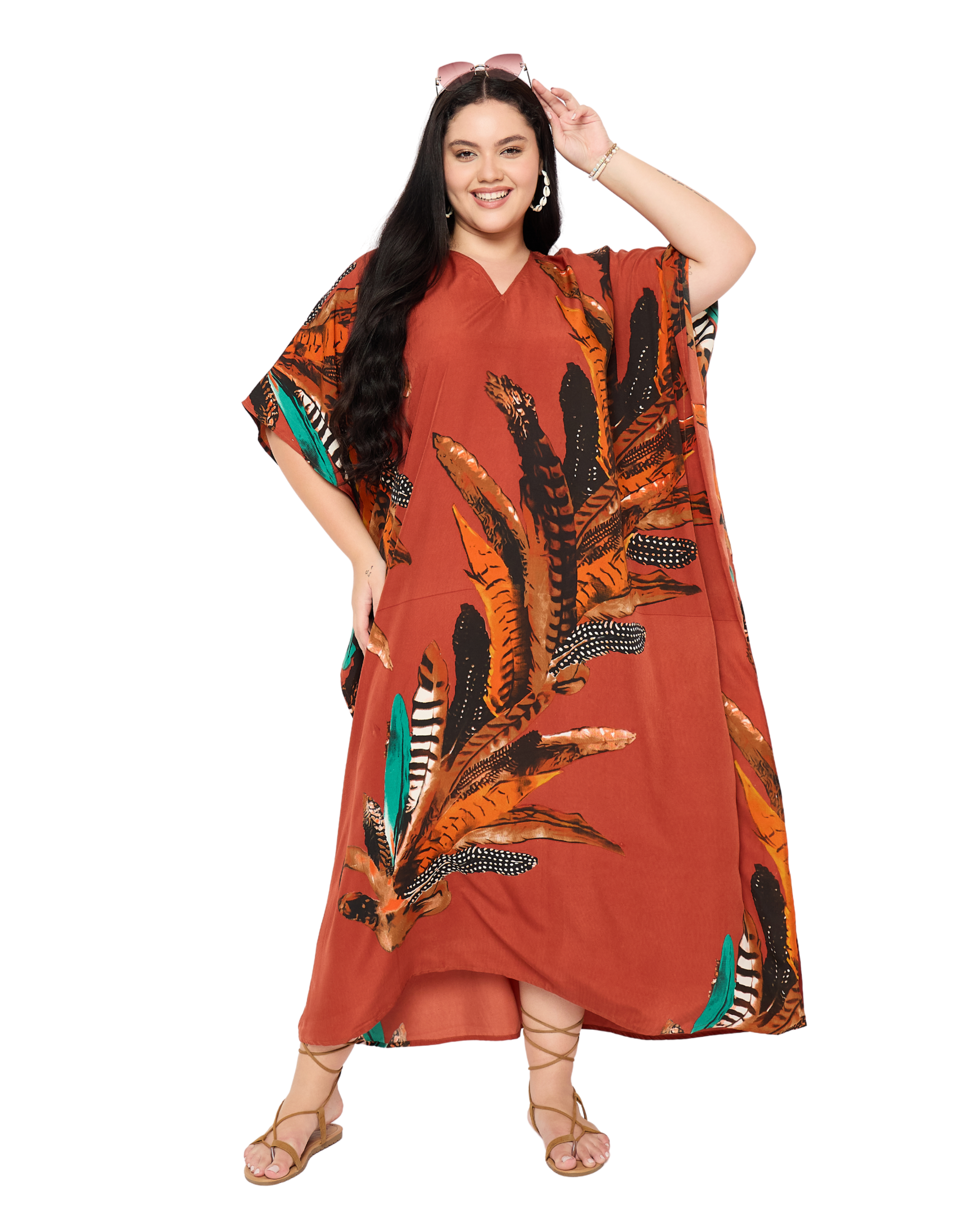 Red Feather Polyester Kaftan For Women Plus Size House Dress