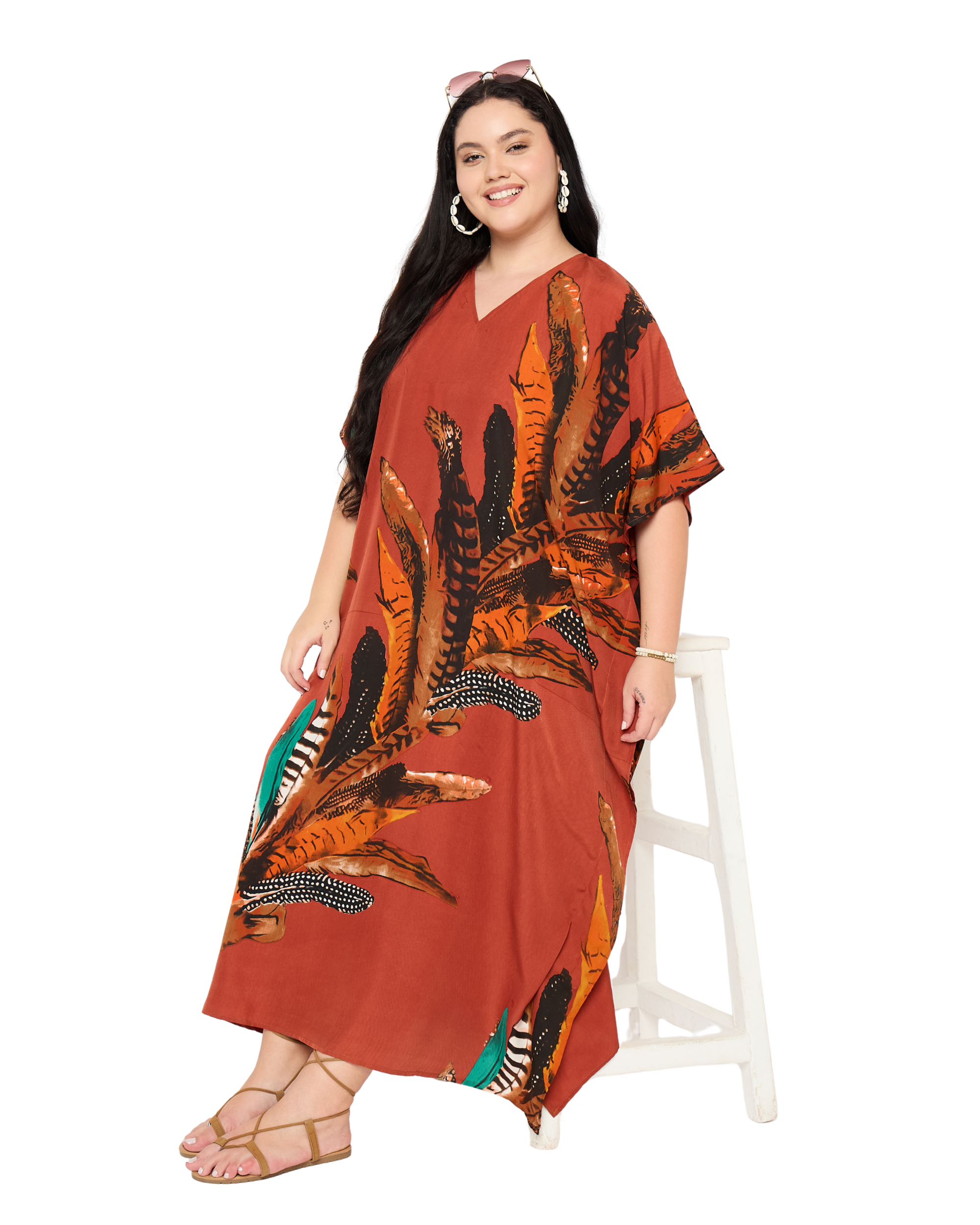 Red Feather Polyester Kaftan For Women Plus Size House Dress