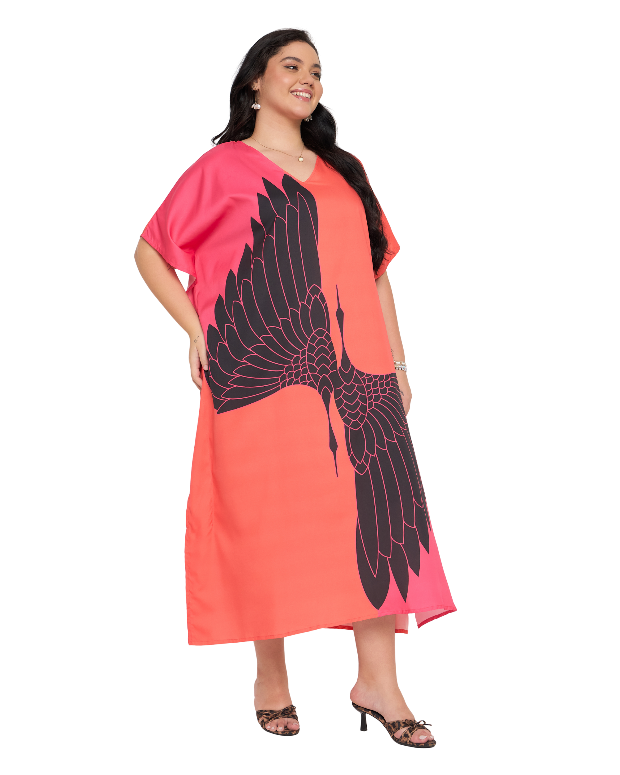 Tangerine Red Women Plus Size Polyester Caftan Dress