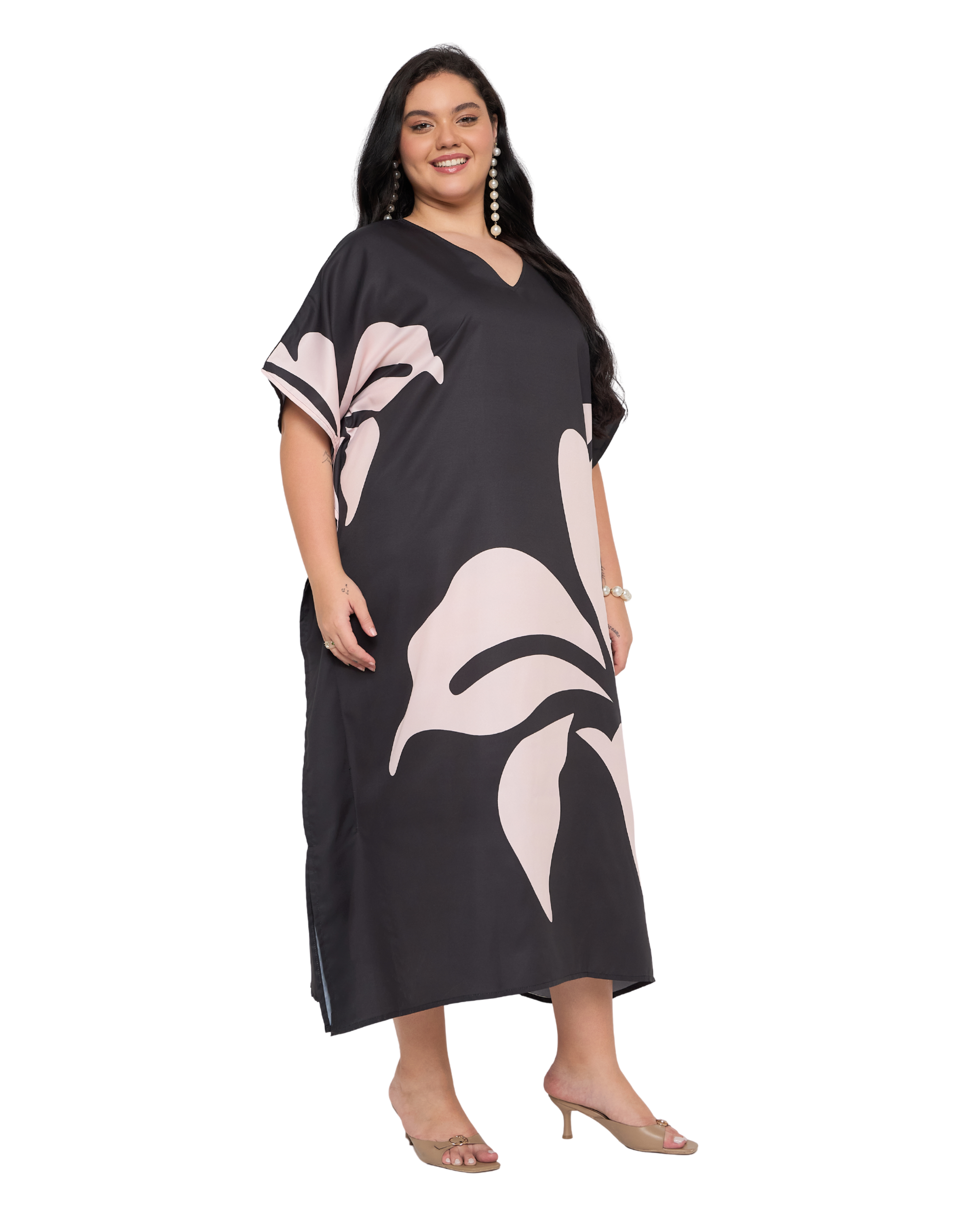 Floral Black Off White Polyester Casual Plus Size Caftan Dress for Women
