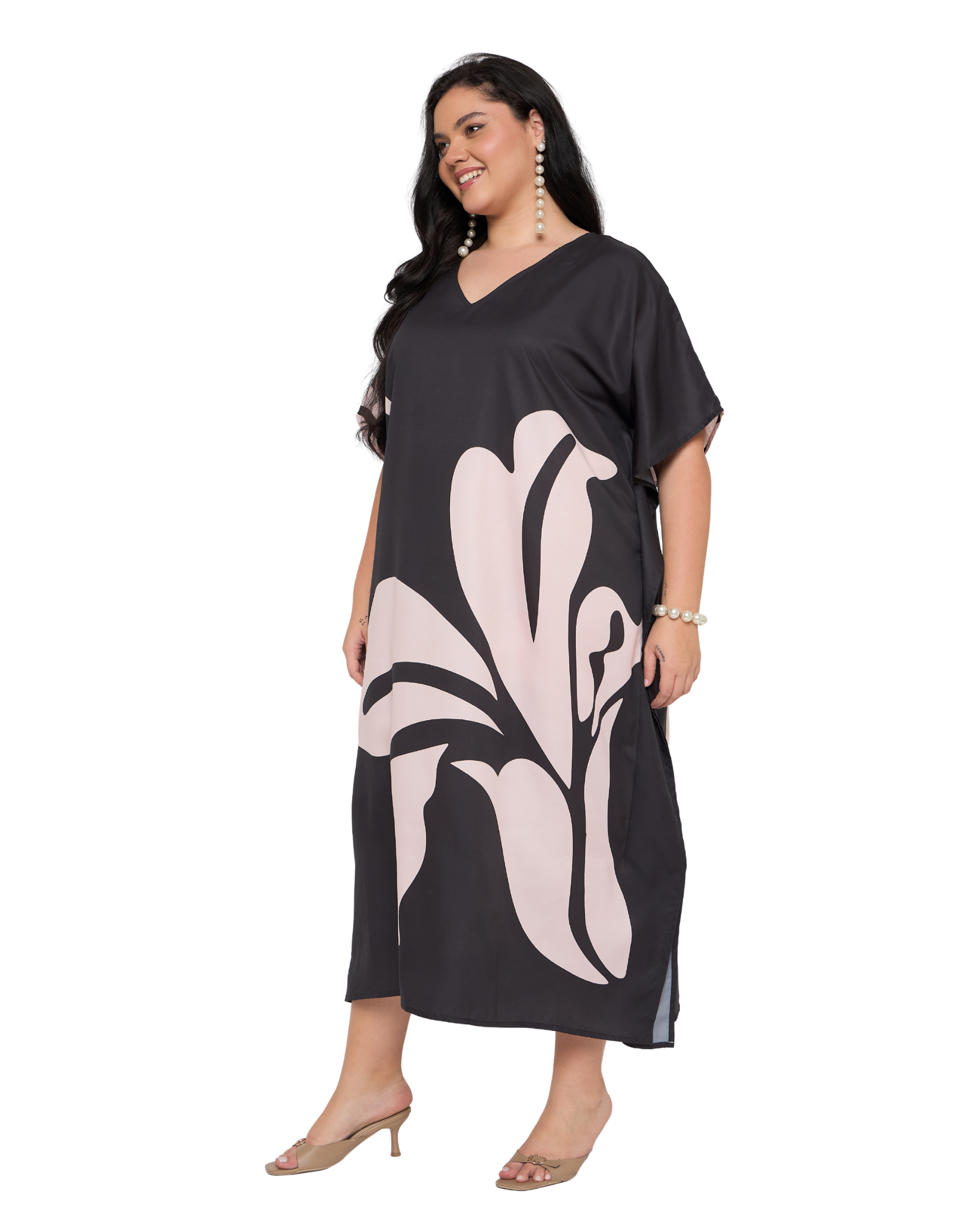 Floral Black Off White Polyester Casual Plus Size Caftan Dress for Women