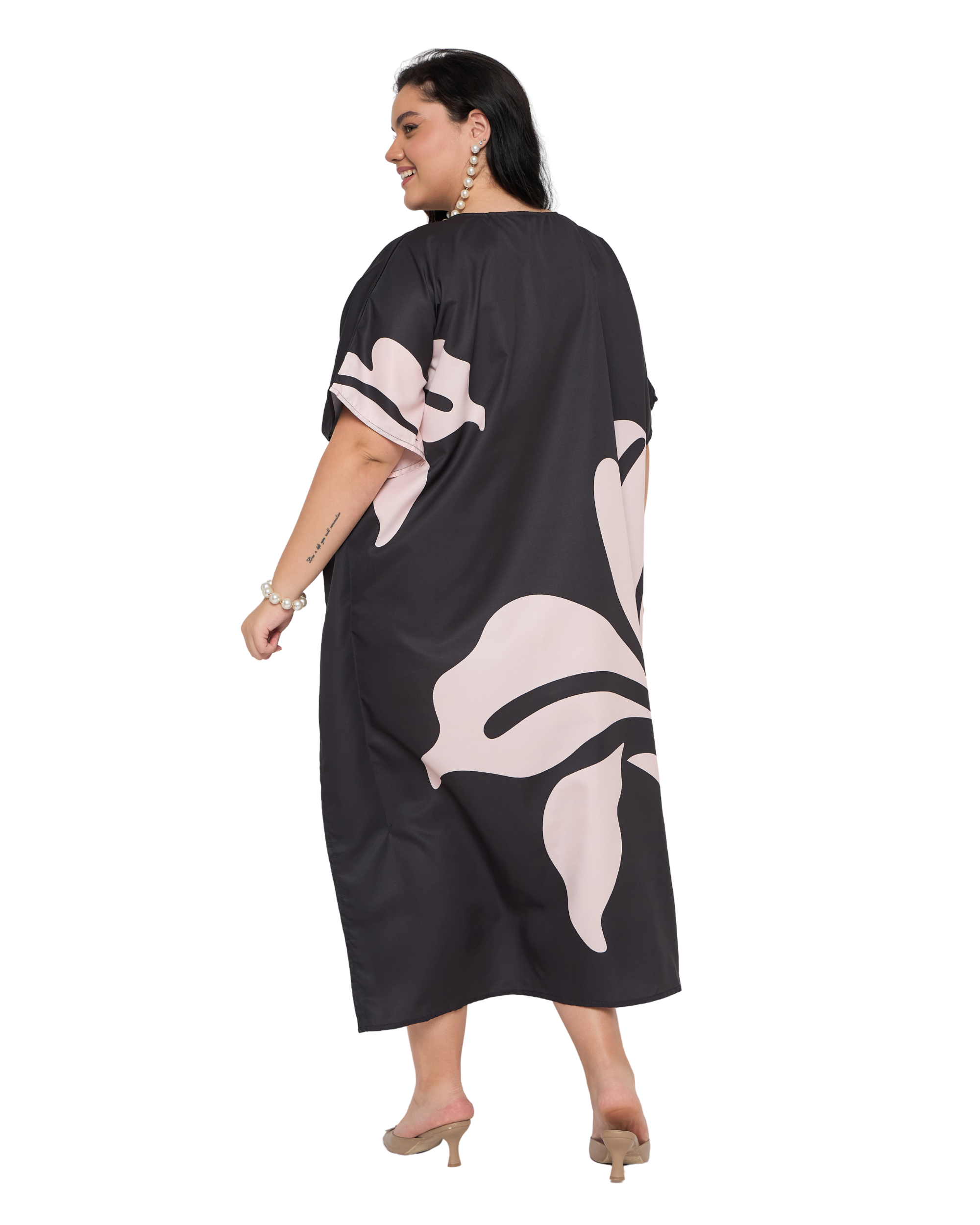 Floral Black Off White Polyester Casual Plus Size Caftan Dress for Women