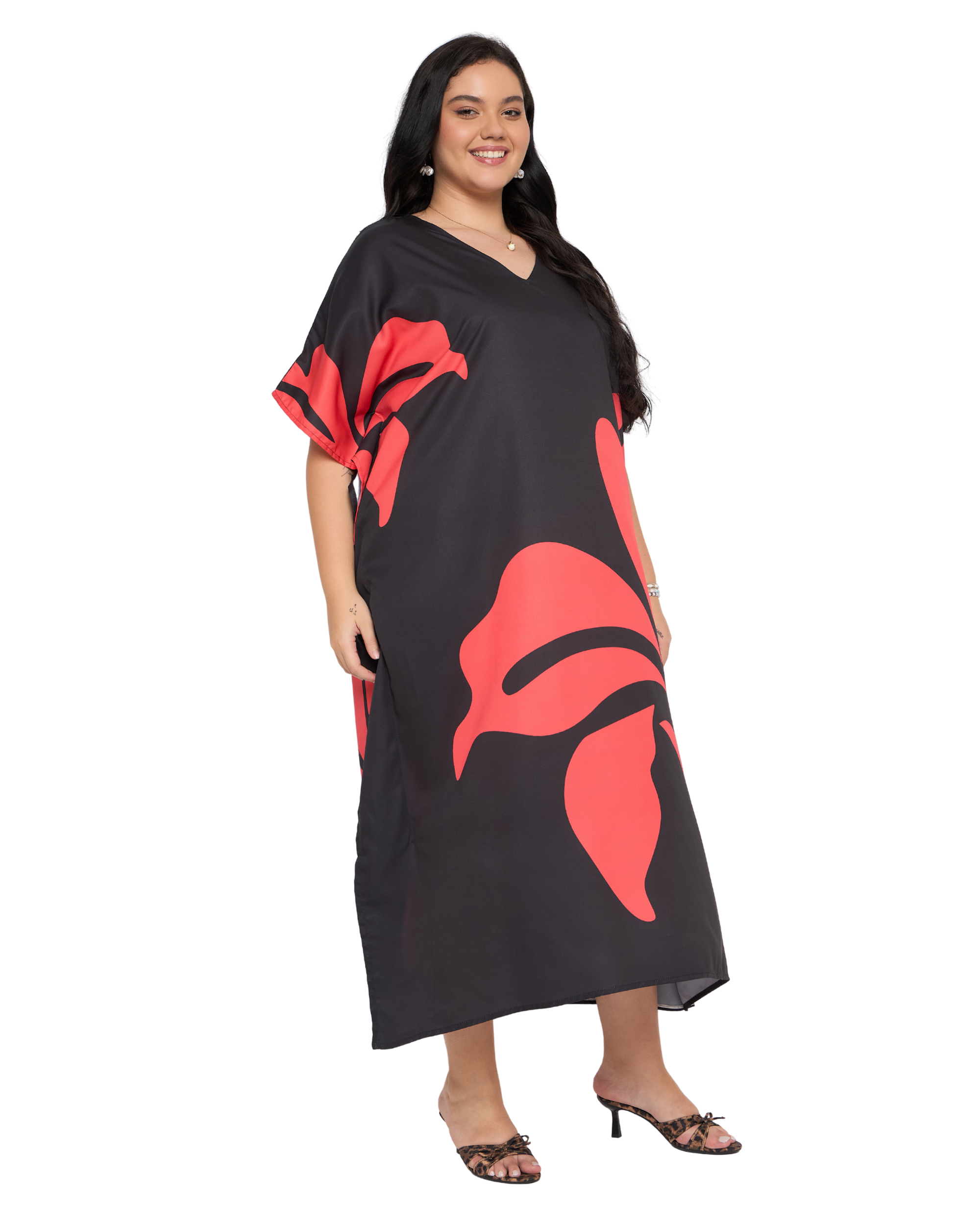 Floral Black And Red Polyester Plus Size Beach Kaftan Dress