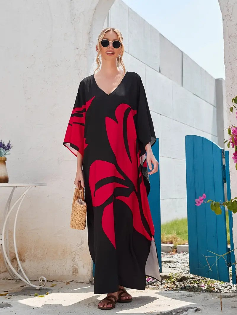 Floral Black And Red Polyester Plus Size Beach Kaftan Dress