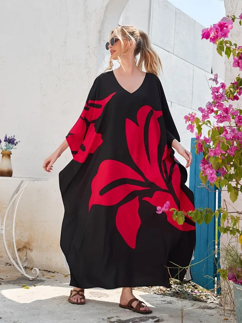 Floral Black And Red Polyester Plus Size Beach Kaftan Dress