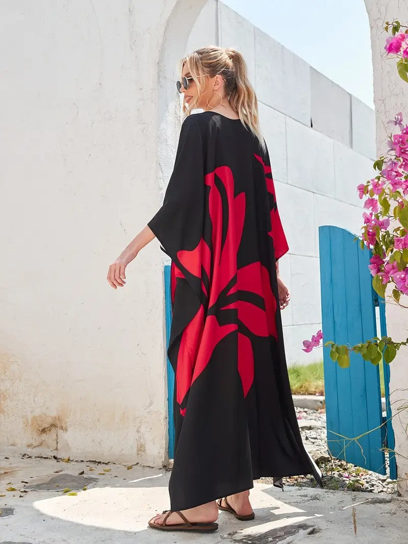 Floral Black And Red Polyester Plus Size Beach Kaftan Dress