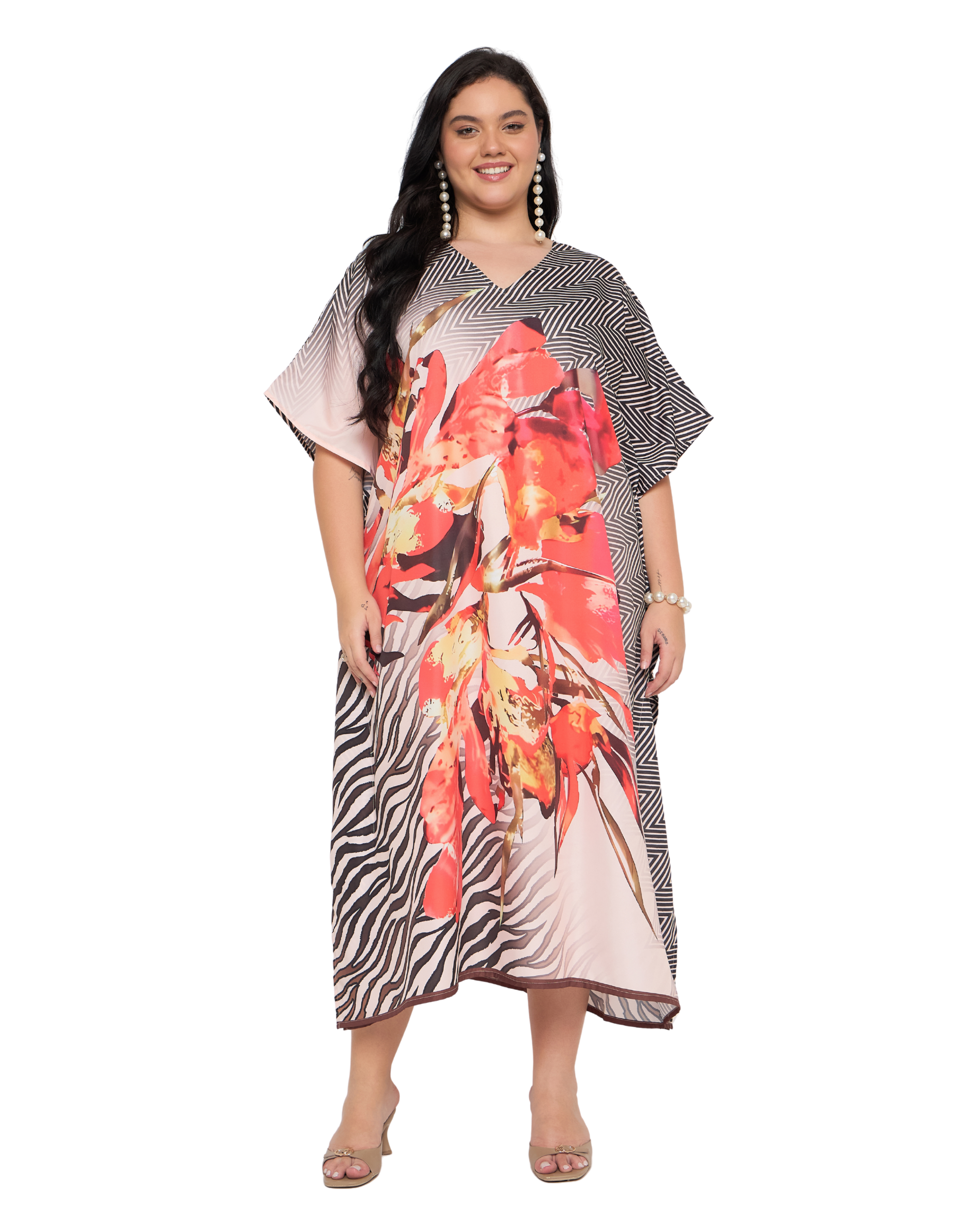 Floral Black And Orange Polyester Plus Size Kaftan Dress for Ladies