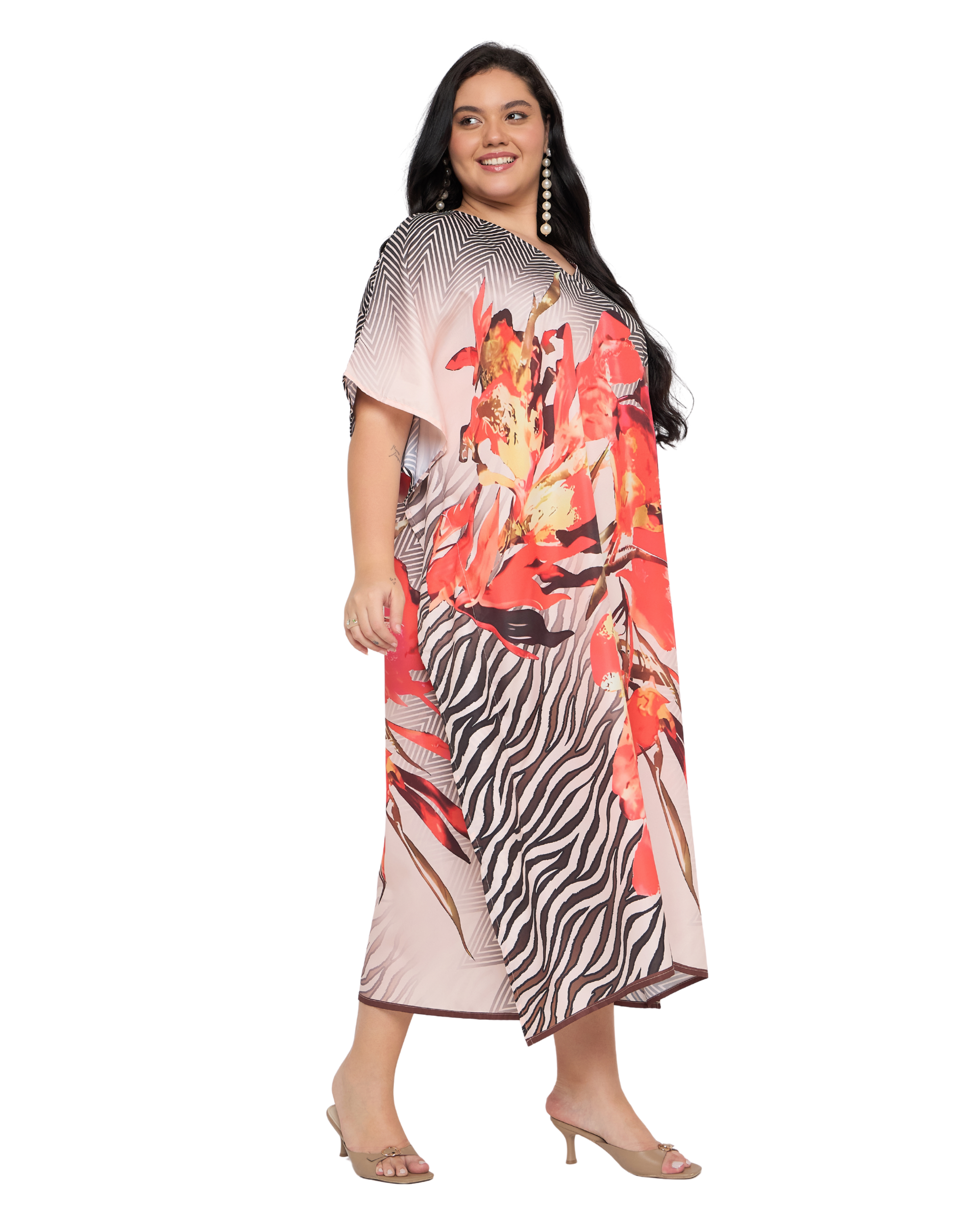 Floral Black And Orange Polyester Plus Size Kaftan Dress for Ladies