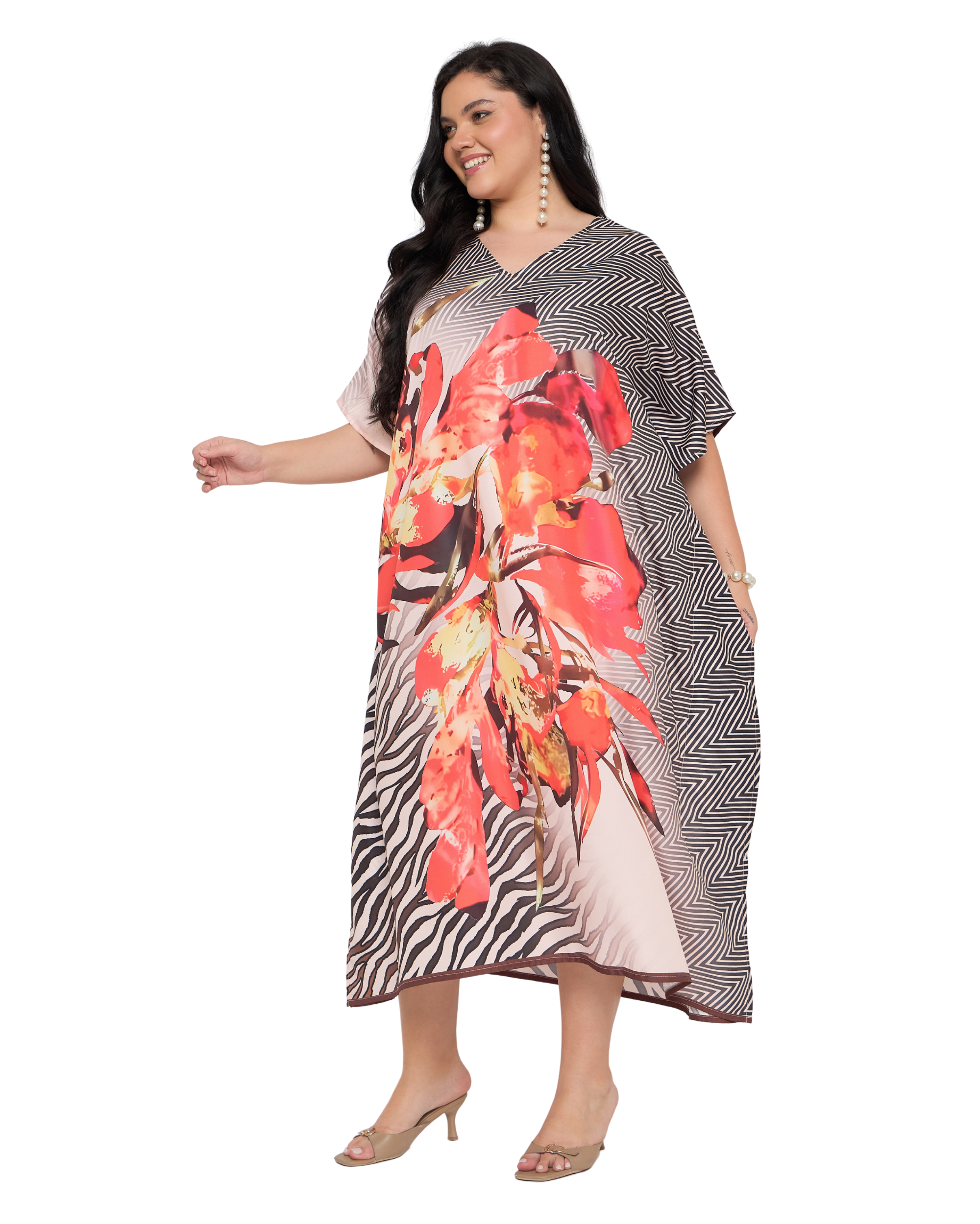 Floral Black And Orange Polyester Plus Size Kaftan Dress for Ladies