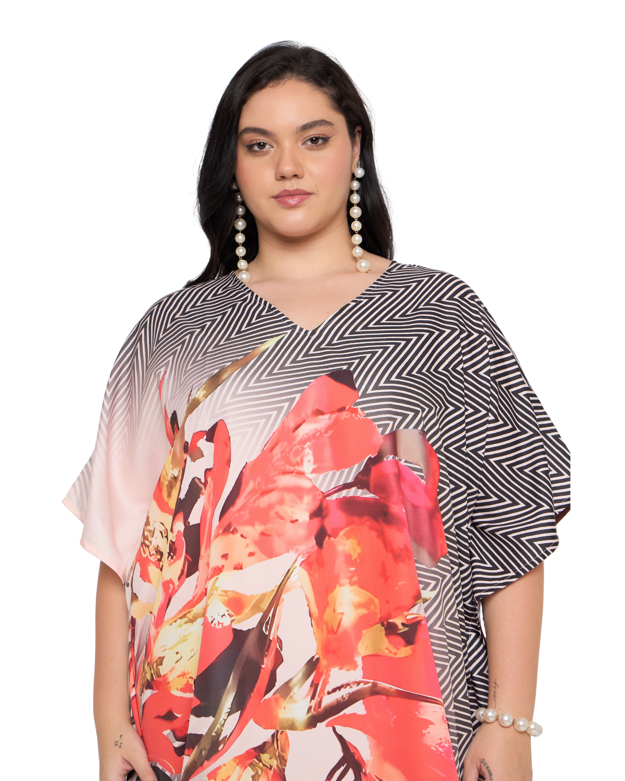 Floral Black And Orange Polyester Plus Size Kaftan Dress for Ladies