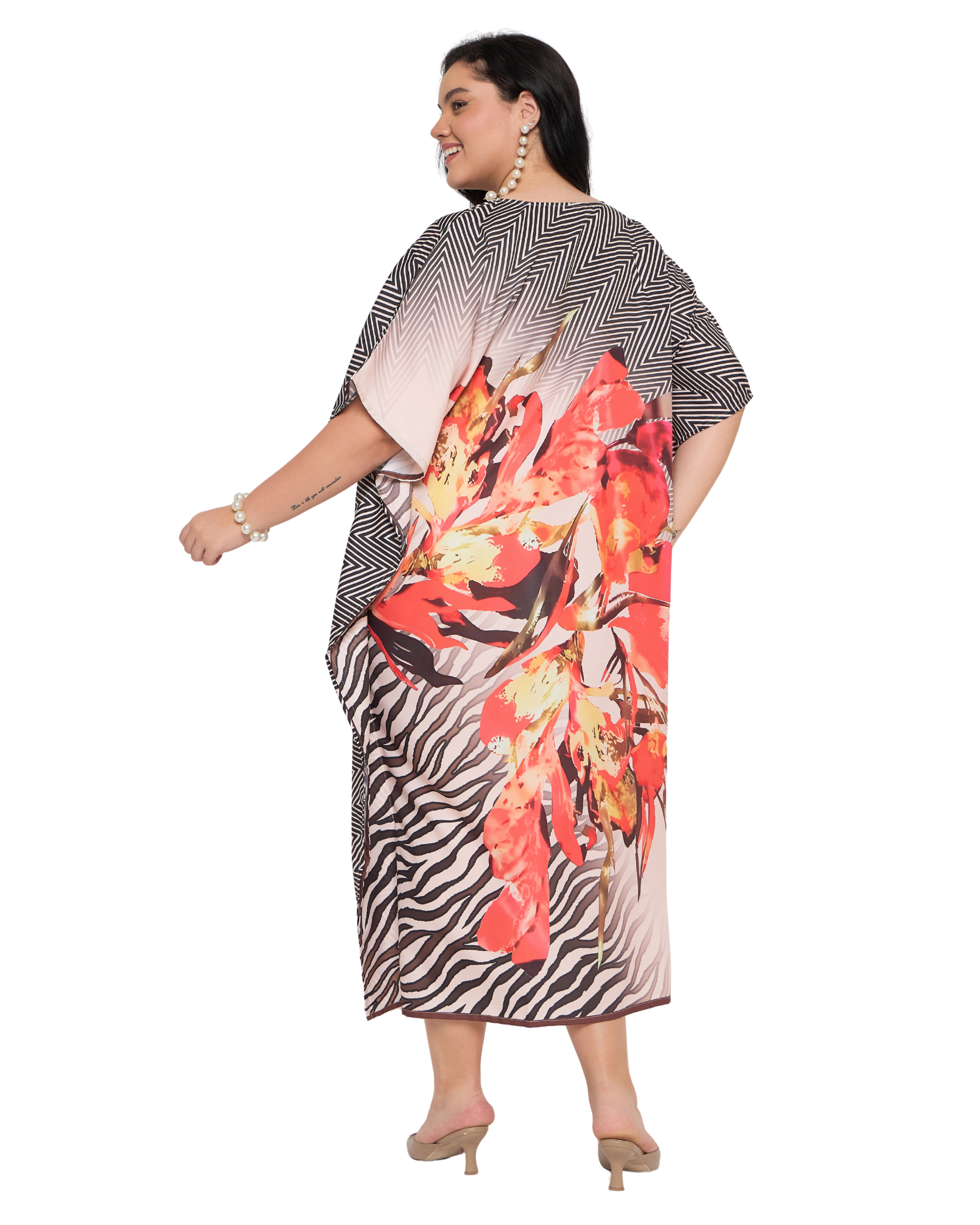 Floral Black And Orange Polyester Plus Size Kaftan Dress for Ladies