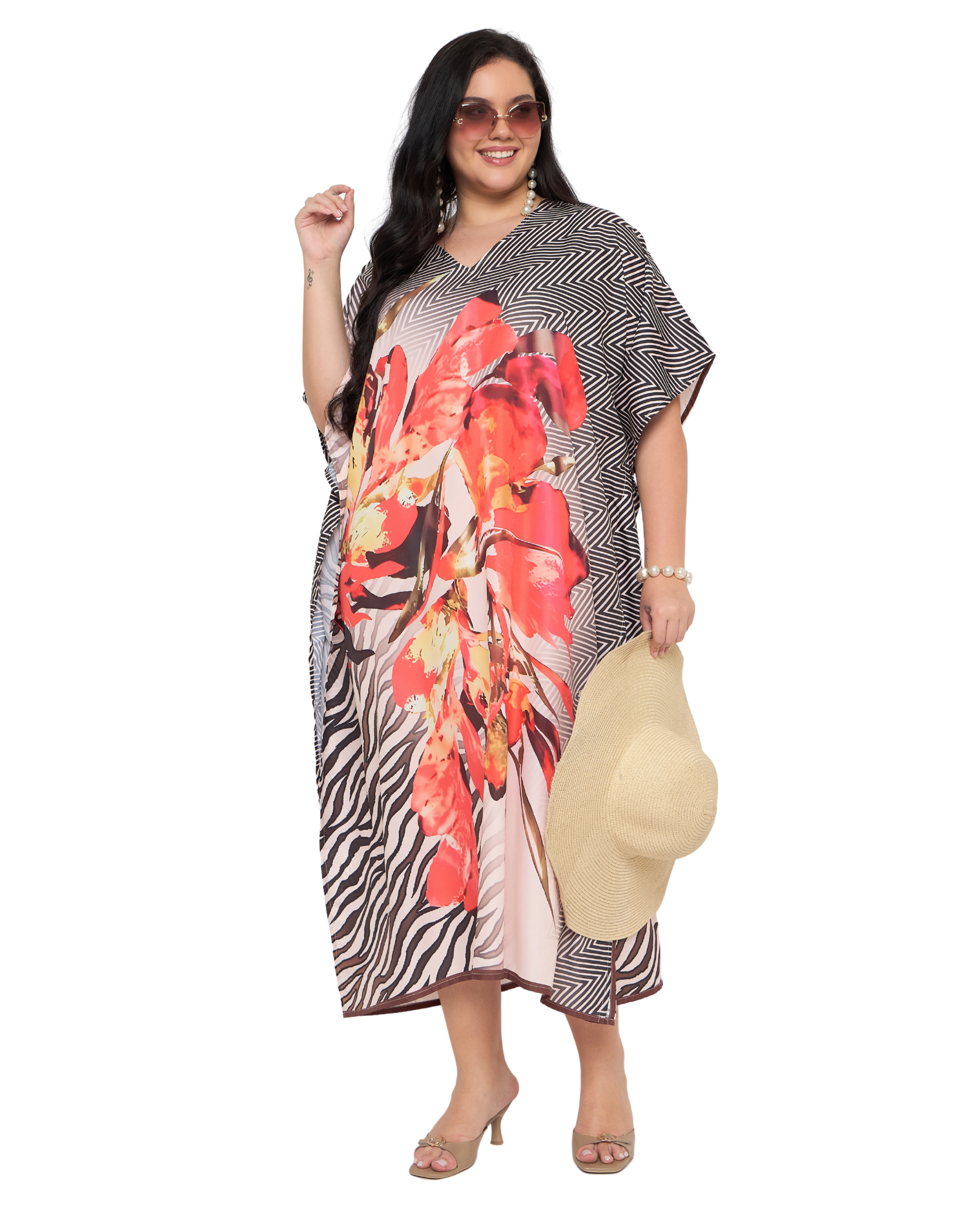 Floral Black And Orange Polyester Plus Size Kaftan Dress for Ladies
