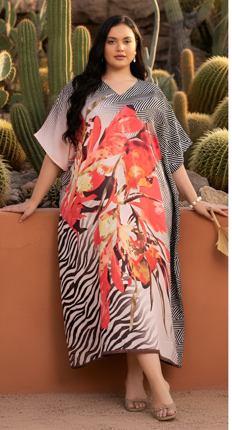 Floral Black And Orange Polyester Plus Size Kaftan Dress for Ladies