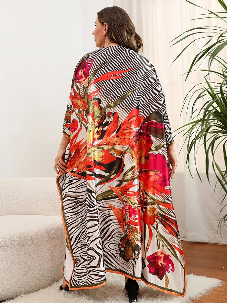Floral Black And Orange Polyester Plus Size Kaftan Dress for Ladies