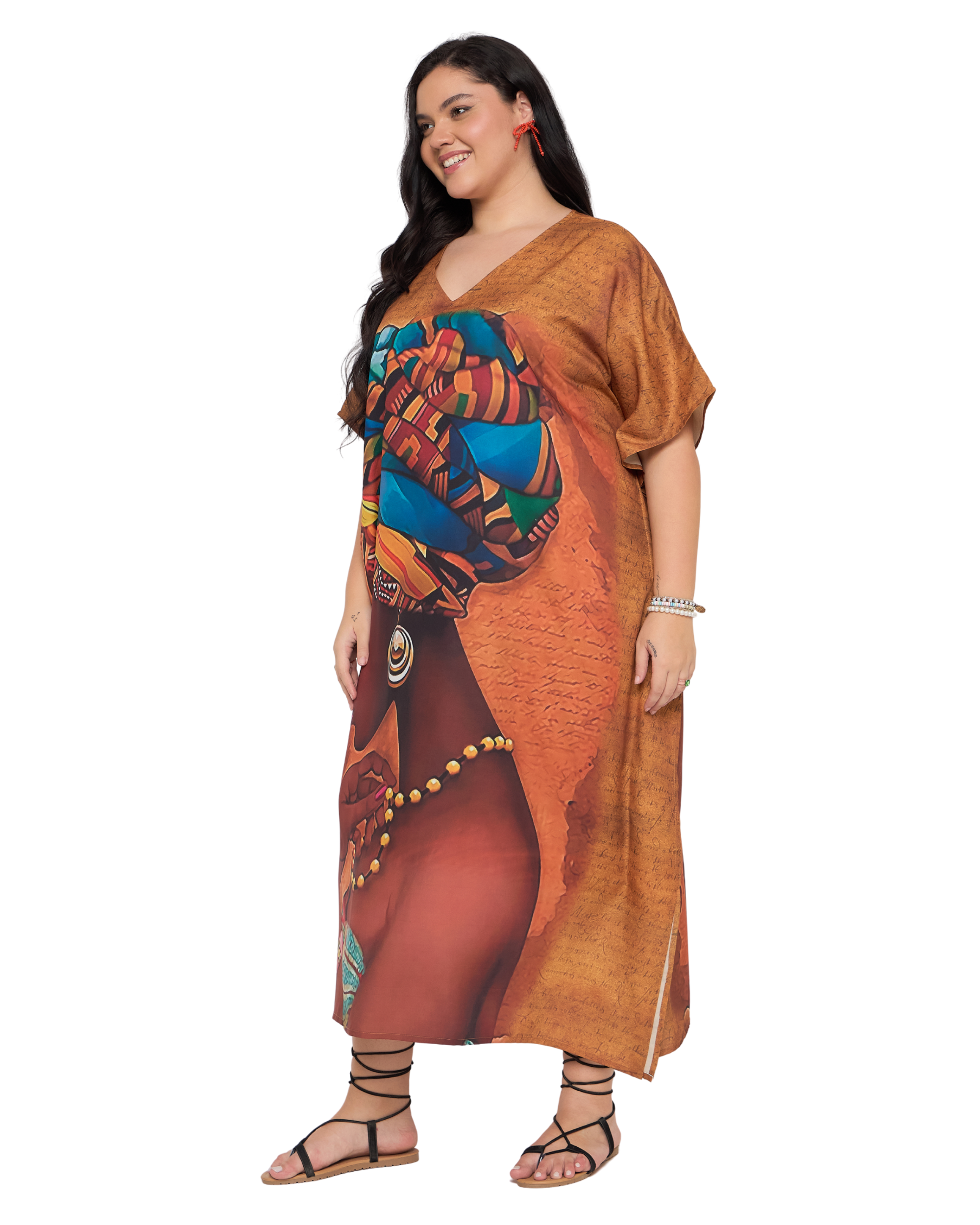 Terracotta Lady Face Polyester Women Plus Size Kaftan Dress