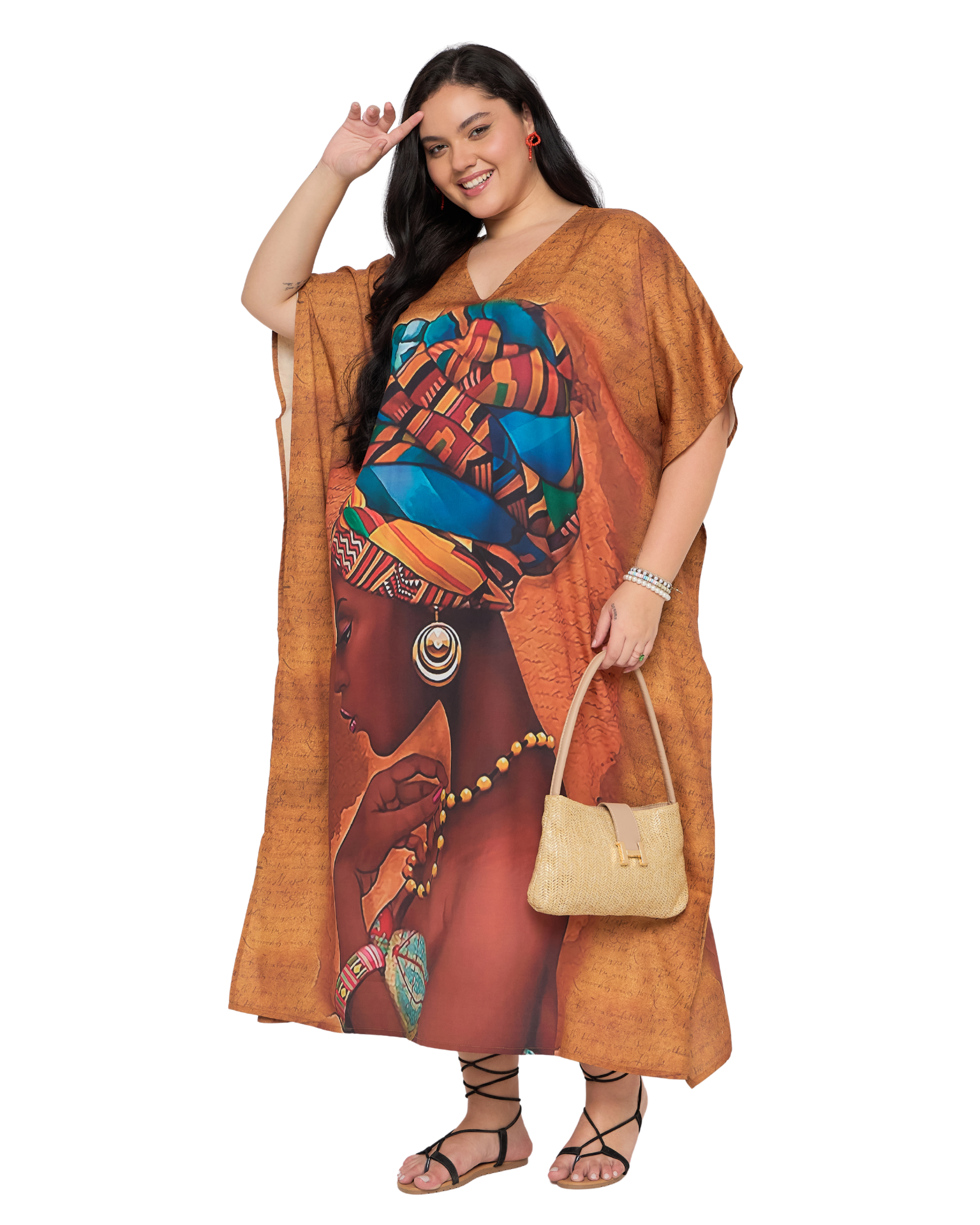 Terracotta Lady Face Polyester Women Plus Size Kaftan Dress