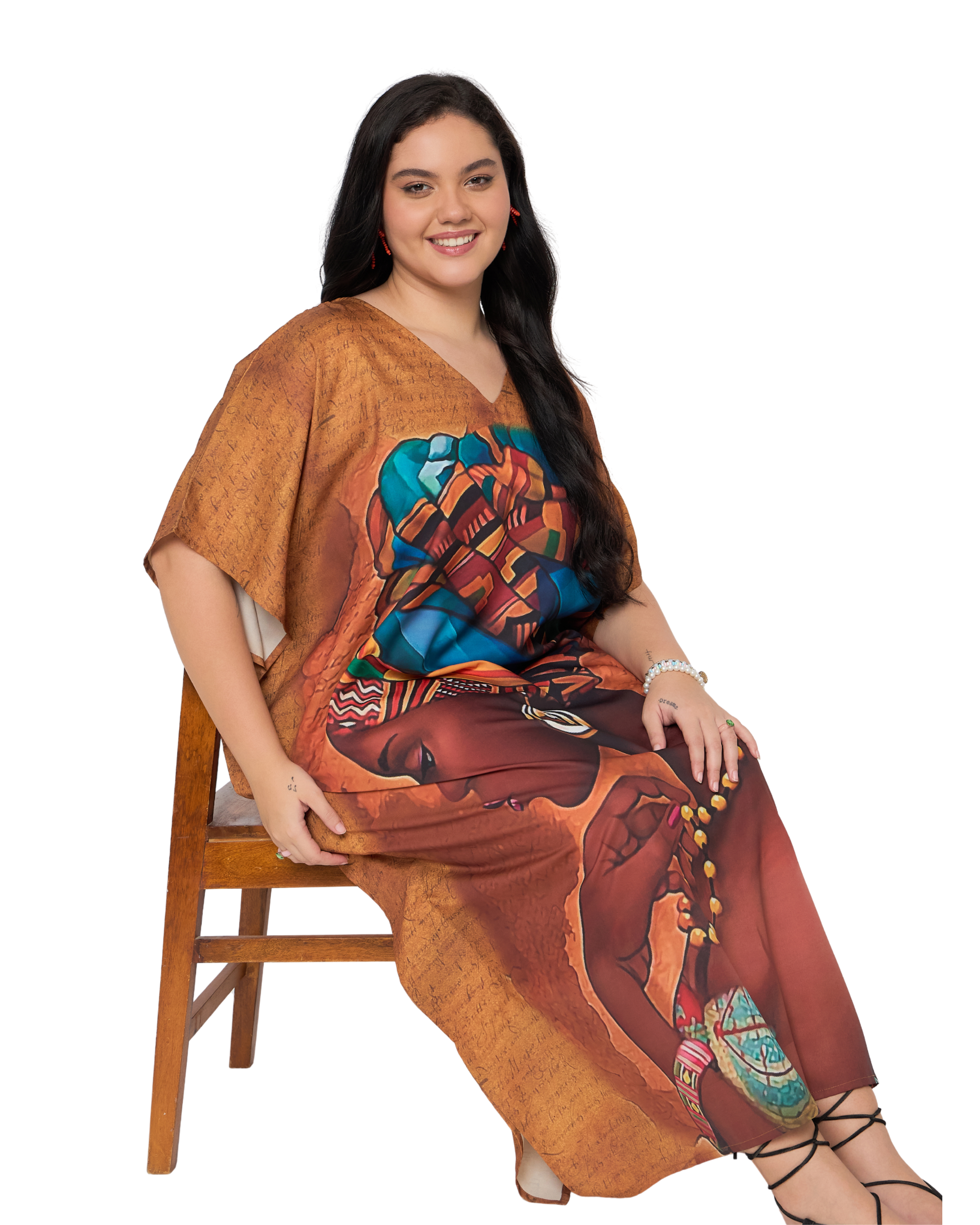 Terracotta Lady Face Polyester Women Plus Size Kaftan Dress
