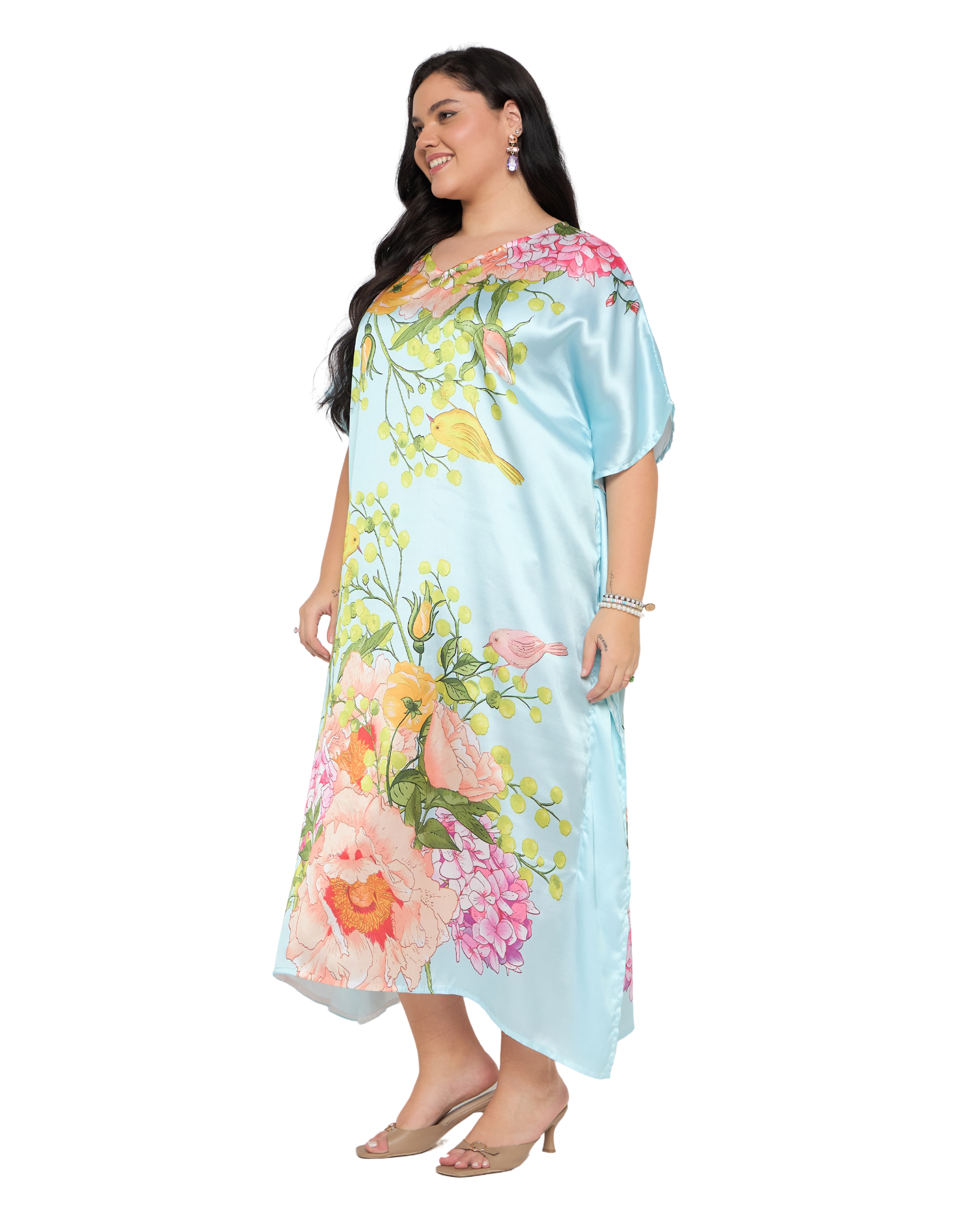 Pastel Blue Floral Satin Women Plus Size Caftan Dress