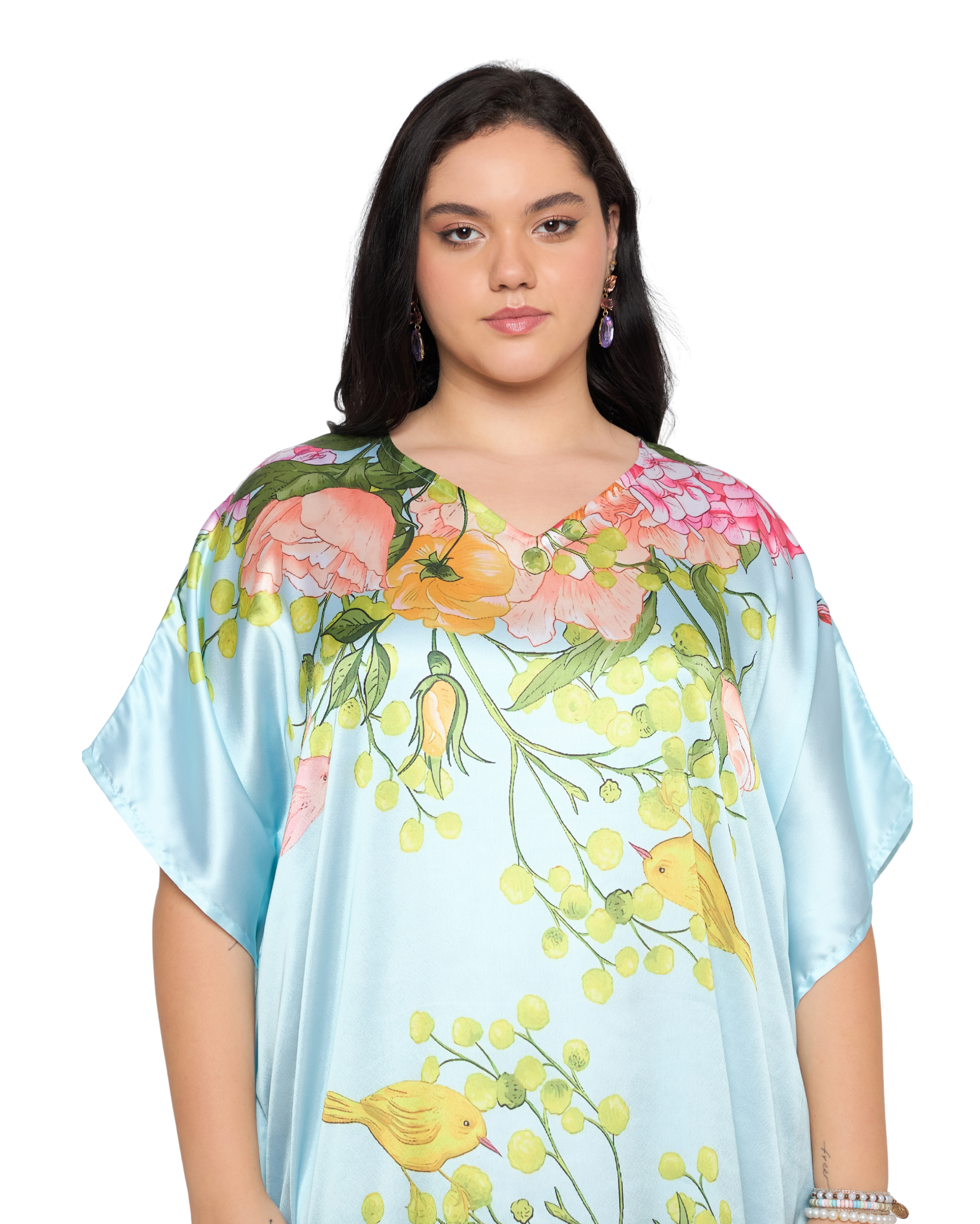 Pastel Blue Floral Satin Women Plus Size Caftan Dress