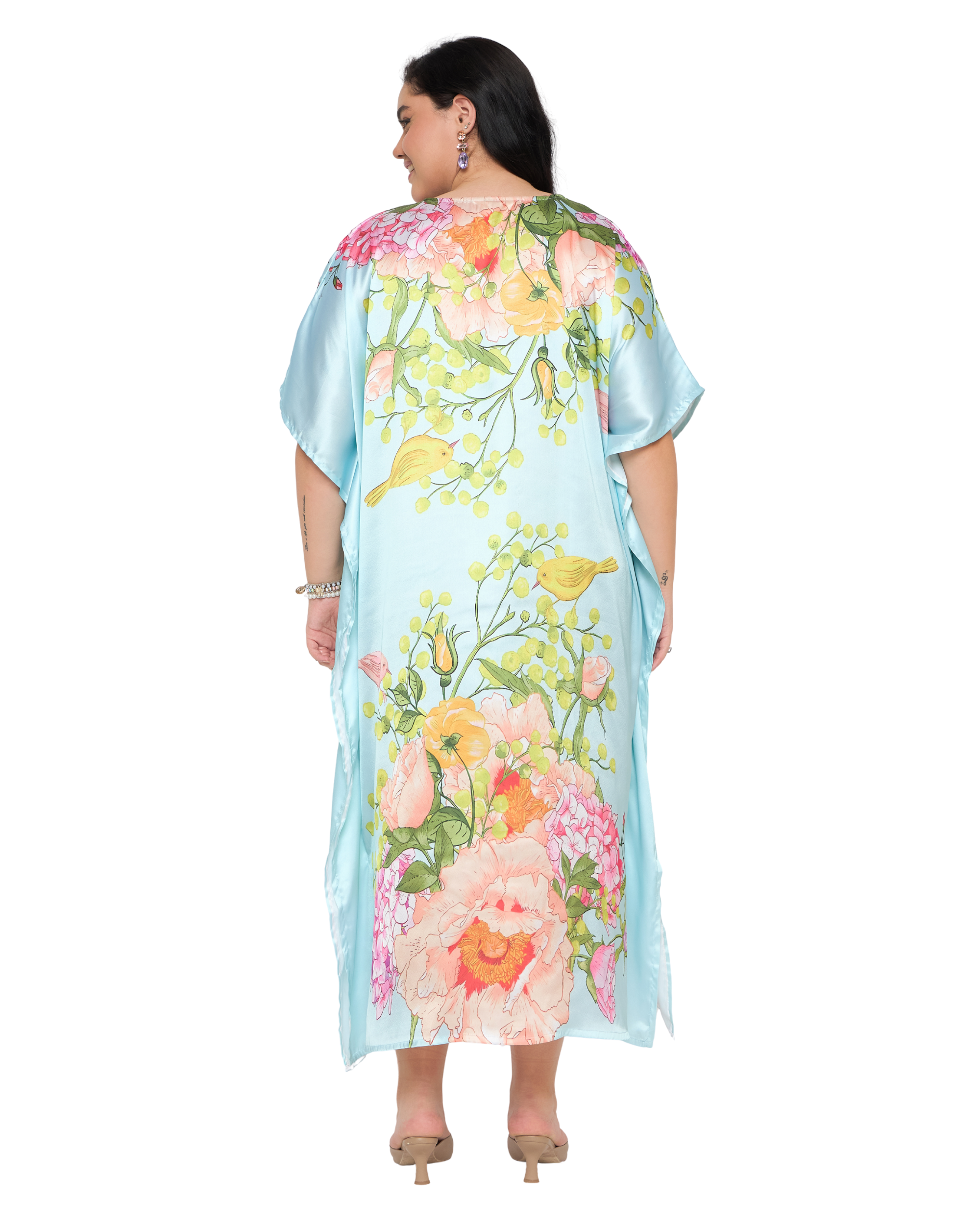 Pastel Blue Floral Satin Women Plus Size Caftan Dress
