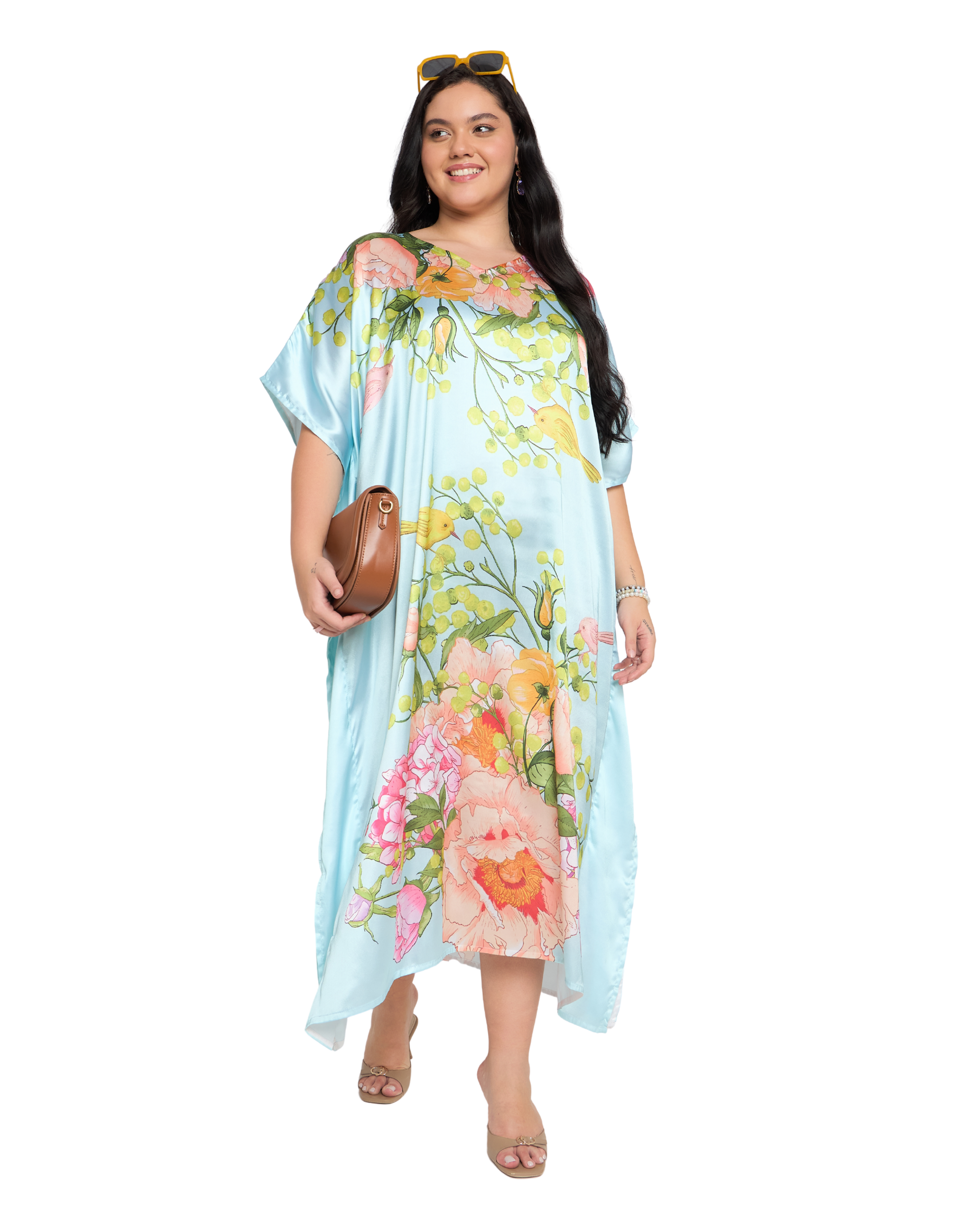 Pastel Blue Floral Satin Women Plus Size Caftan Dress