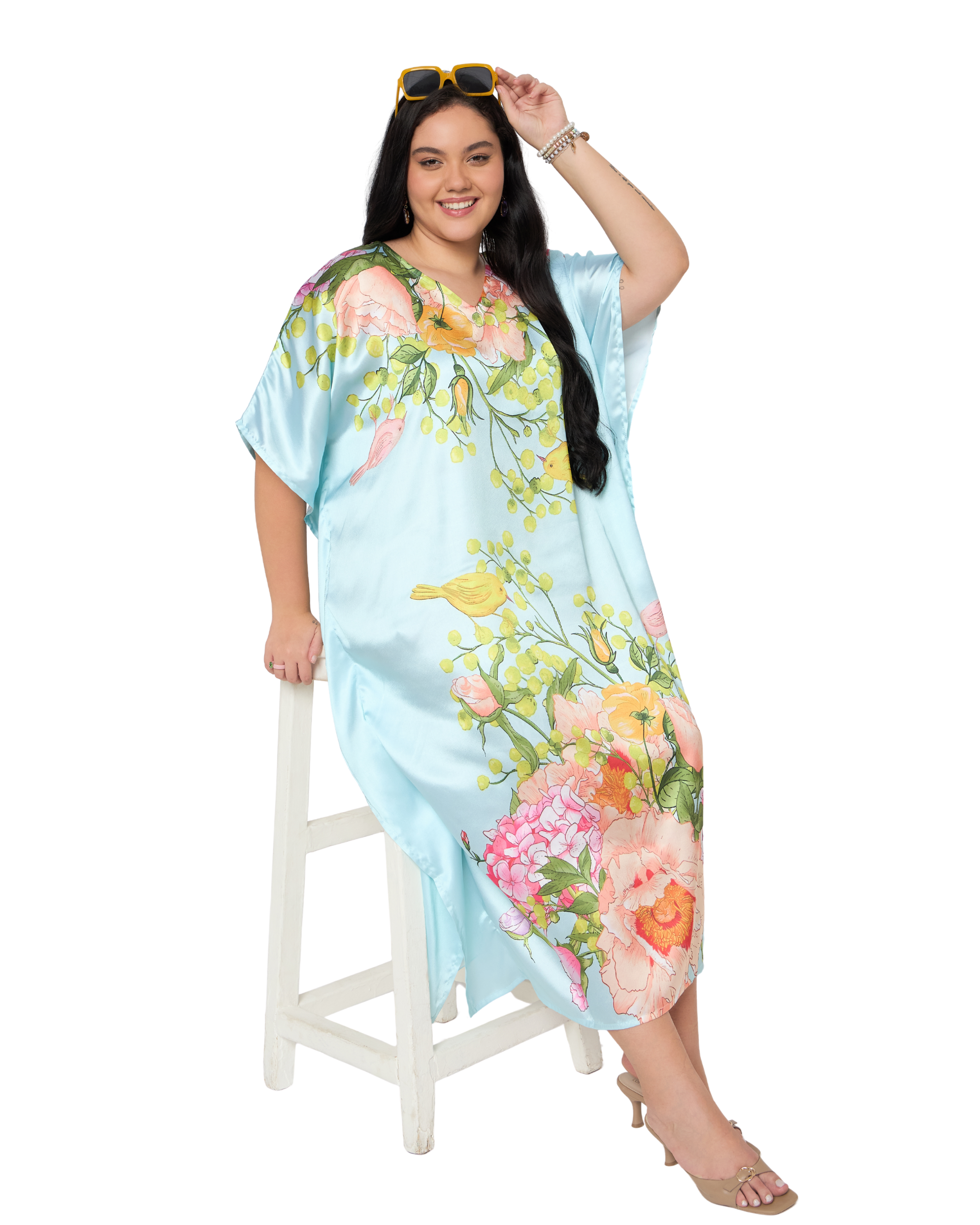 Pastel Blue Floral Satin Women Plus Size Caftan Dress
