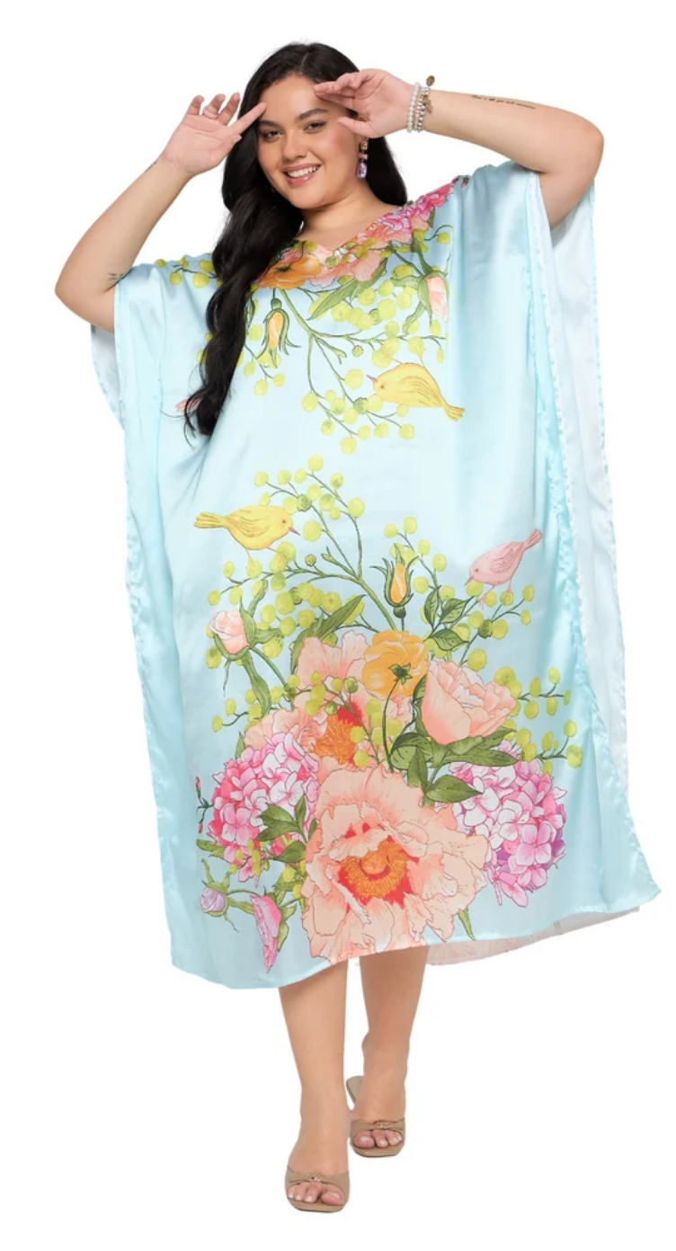Pastel Blue Floral Bird Polyester Plus Size Kaftan for Women 1X-3X | GypsieBlu