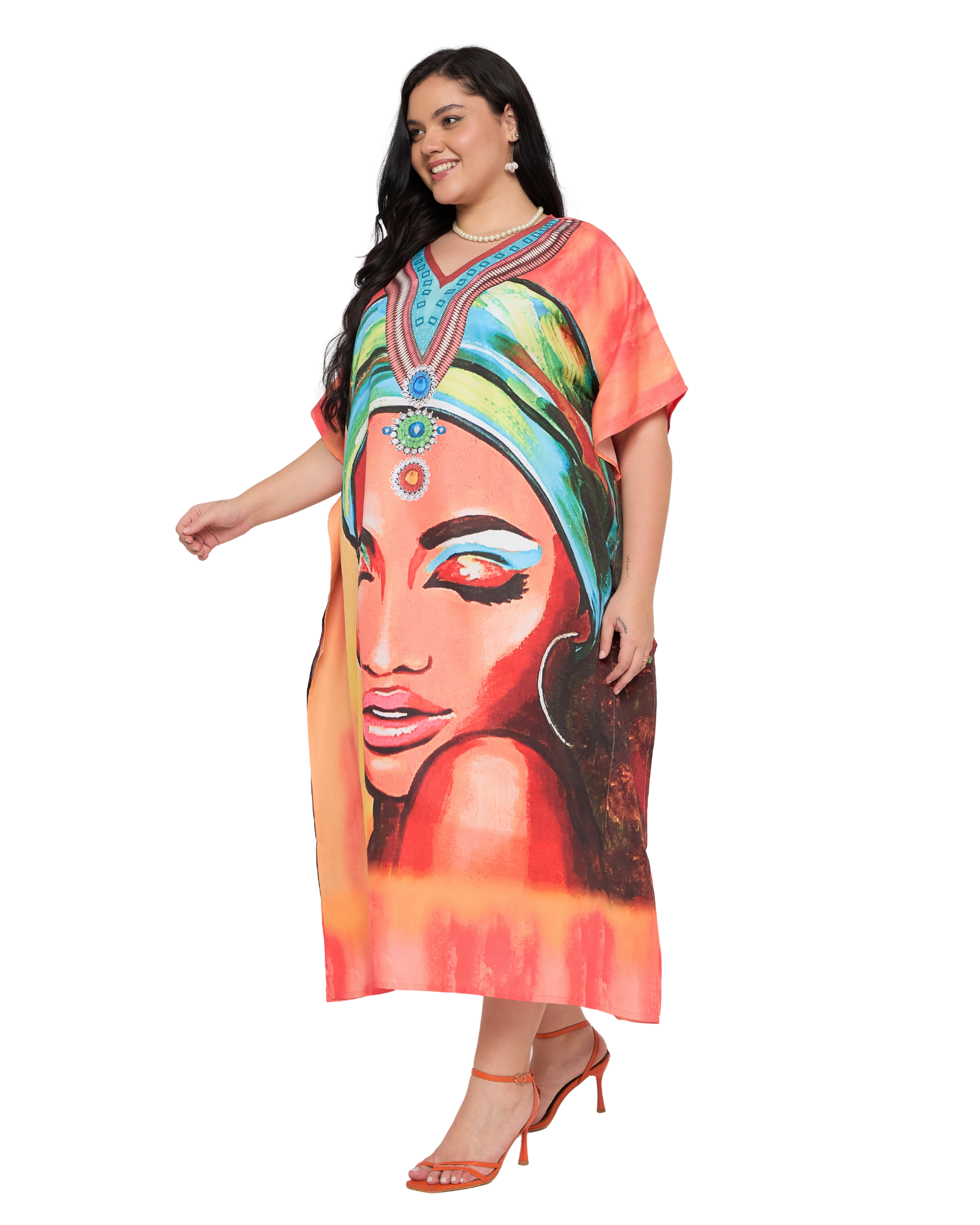 Peach Lady Face Polyester Women Plus Size Caftan Dress