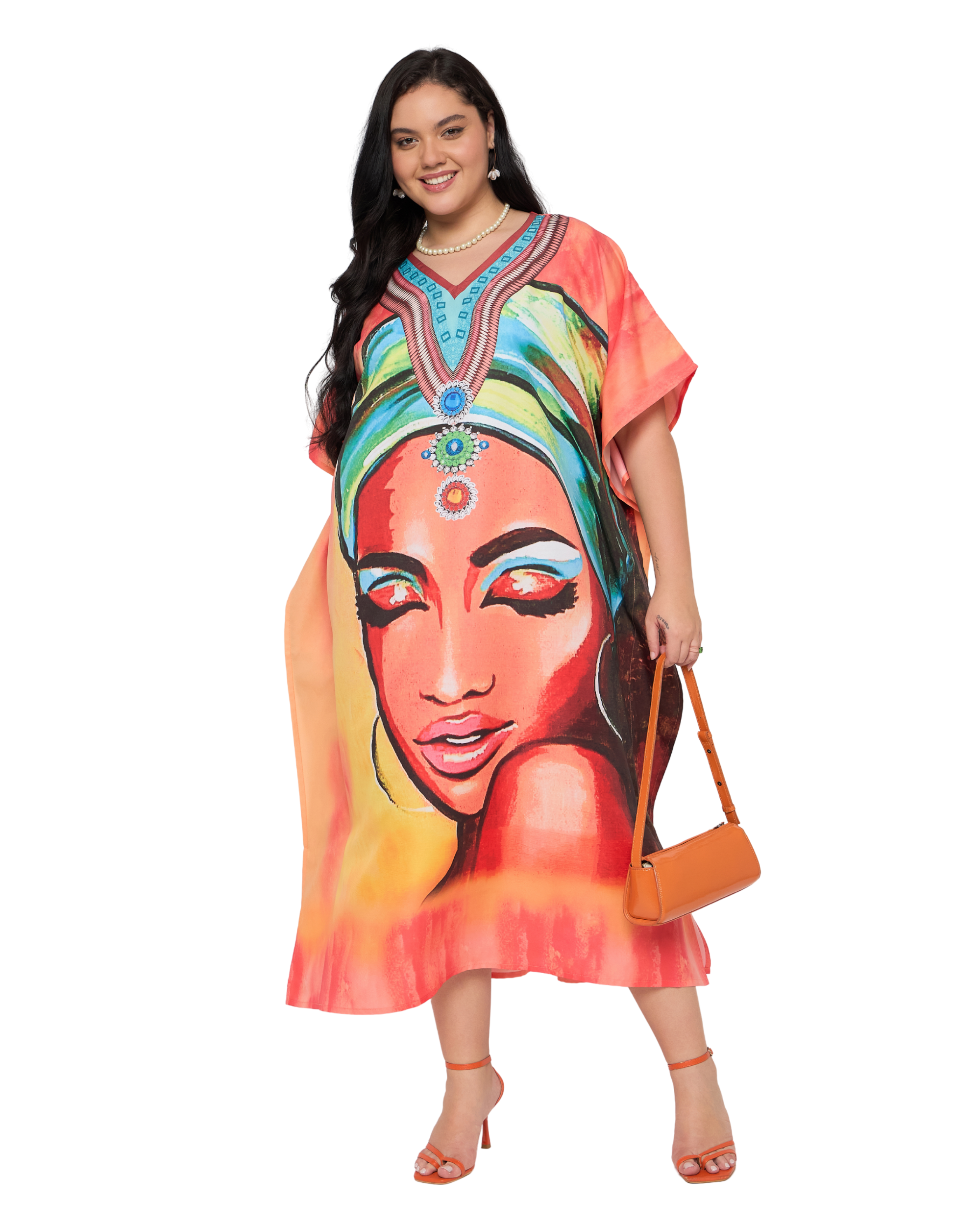 Peach Lady Face Polyester Women Plus Size Caftan Dress