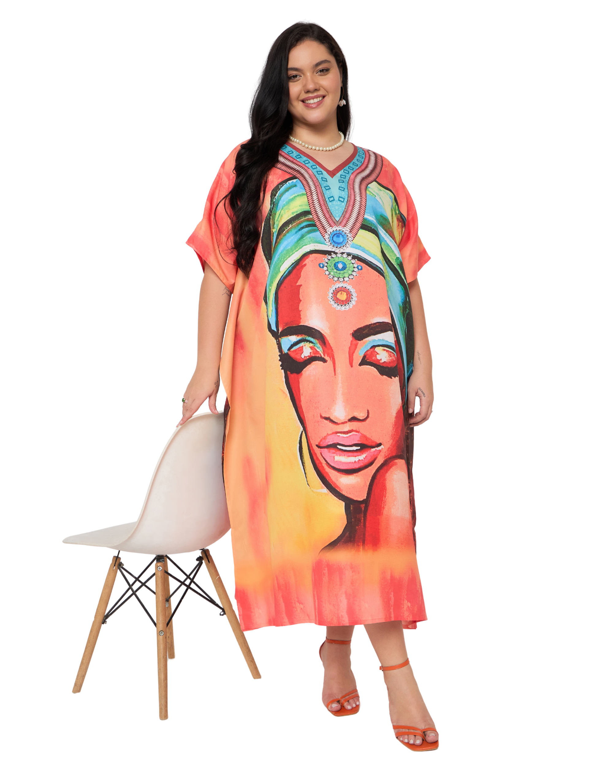 Peach Lady Face Polyester Women Plus Size Caftan Dress