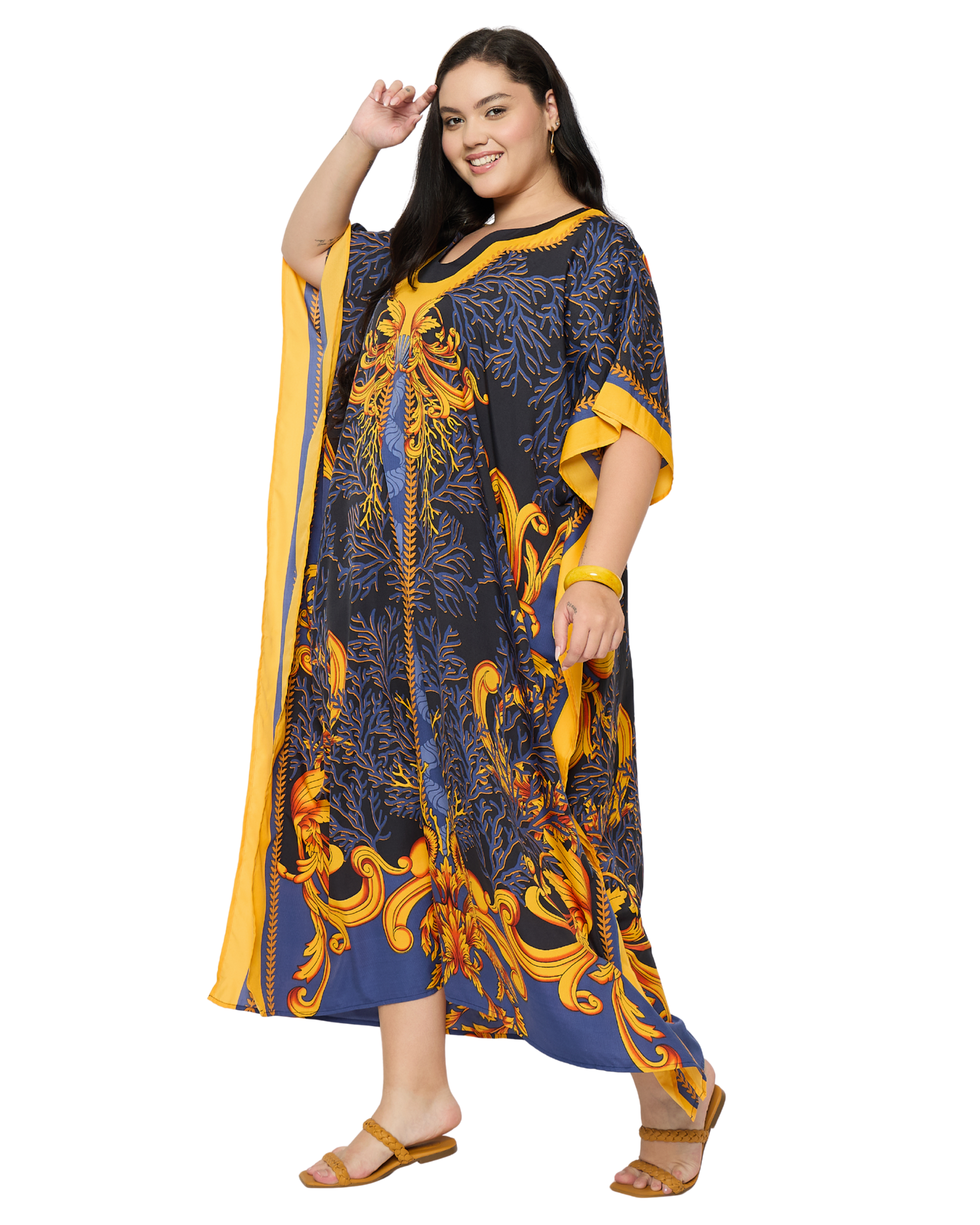Black Baroque Print Polyester Plus Size Caftan for Women