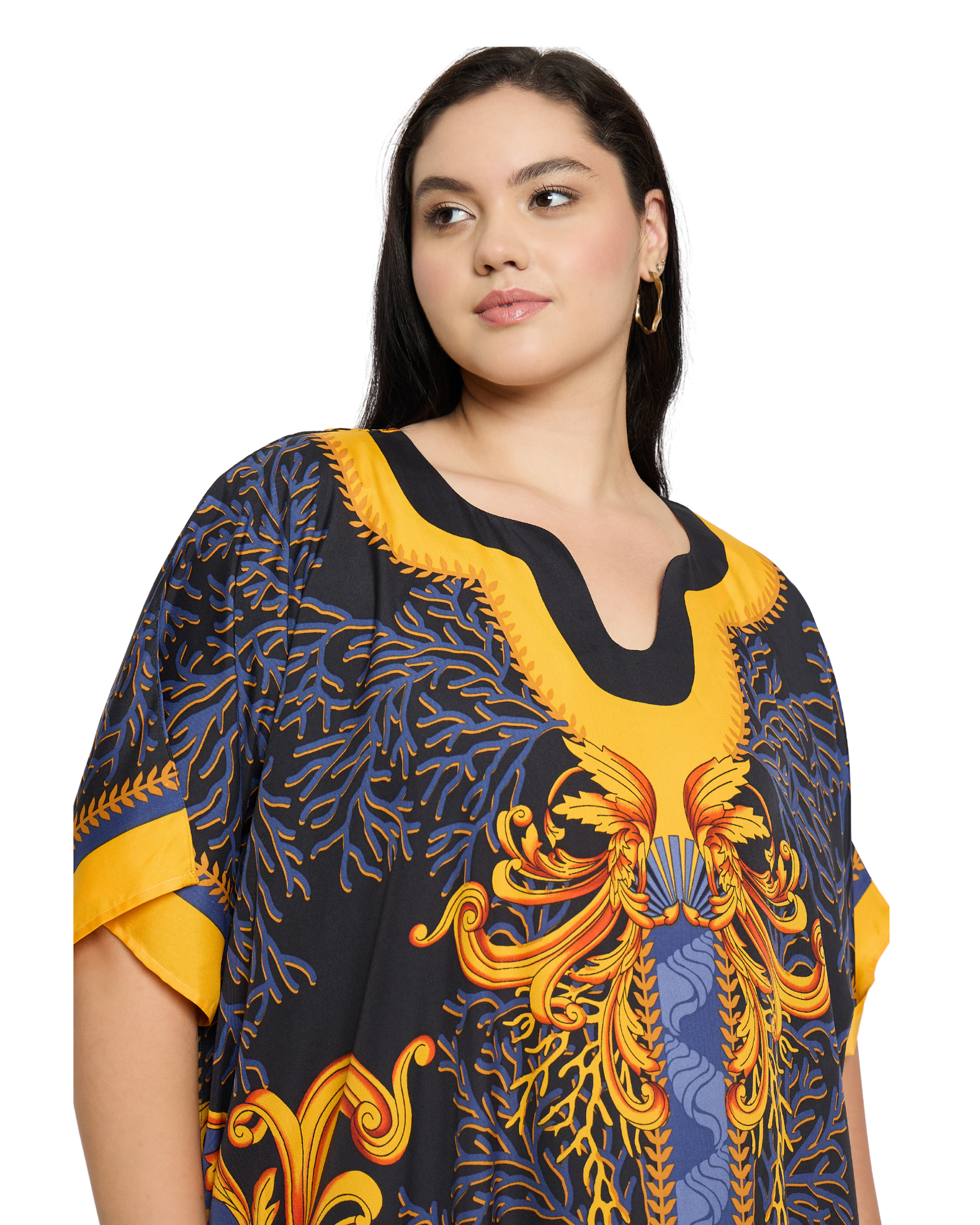 Black Baroque Print Polyester Plus Size Caftan for Women