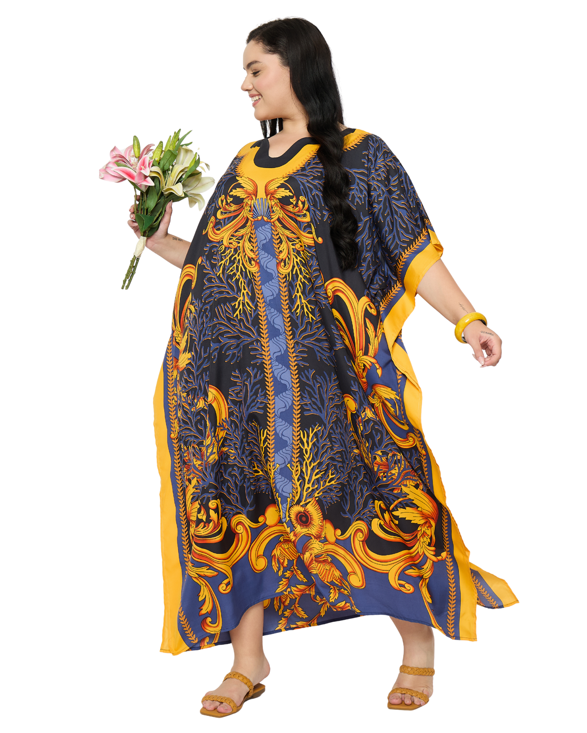 Black Baroque Print Polyester Plus Size Caftan for Women