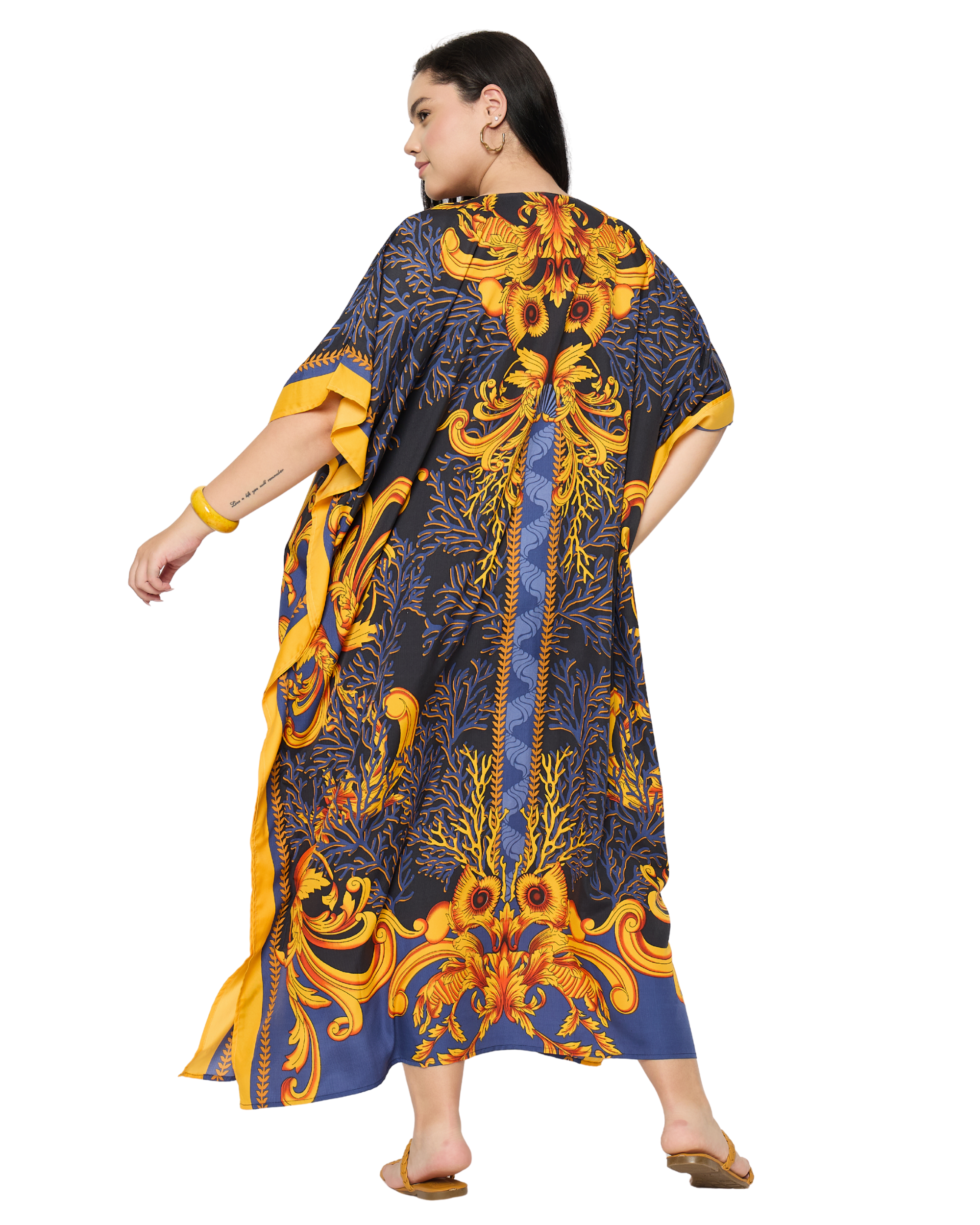 Black Baroque Print Polyester Plus Size Caftan for Women