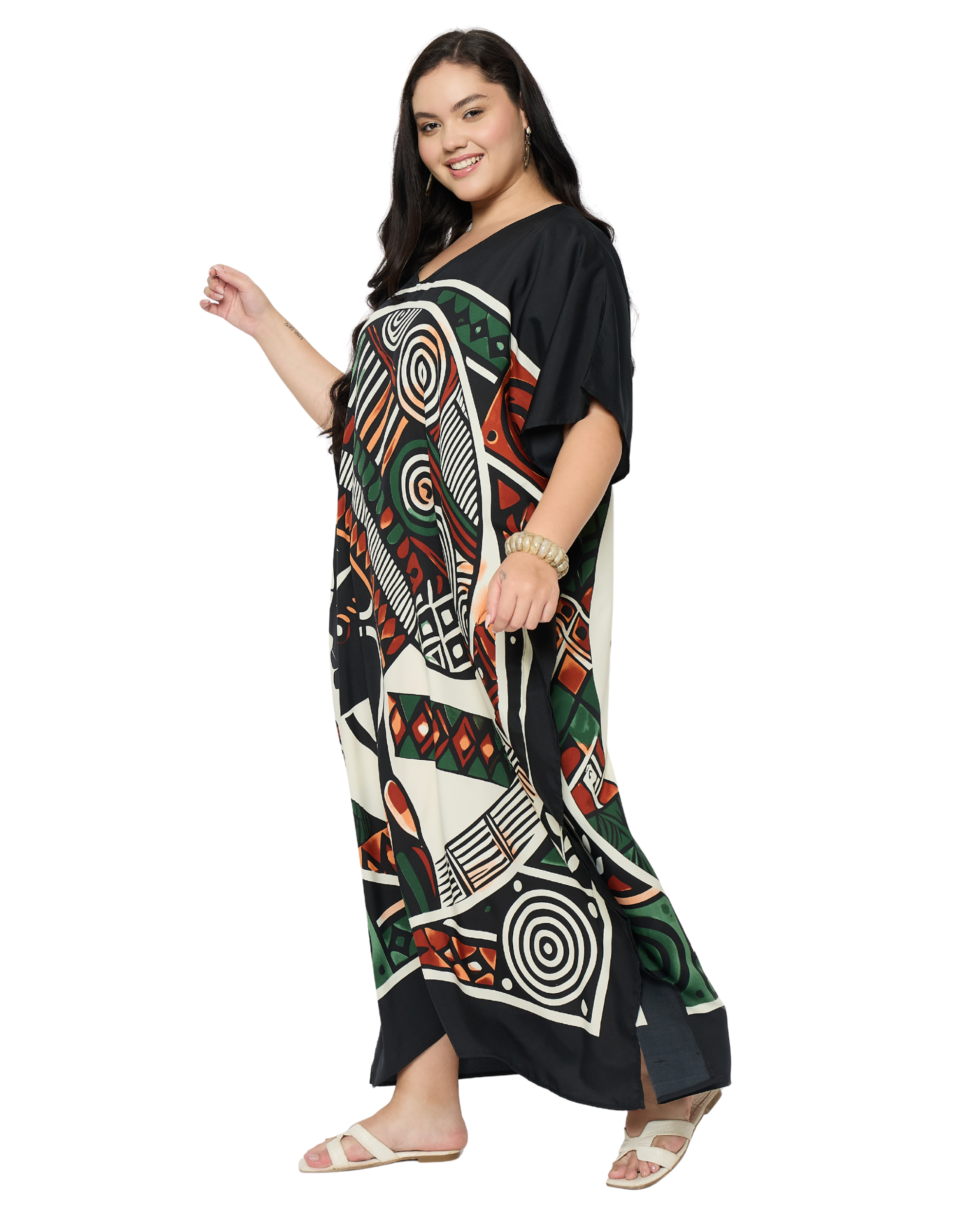 Black Tribal Polyester Plus Size Kaftan Dress for Women