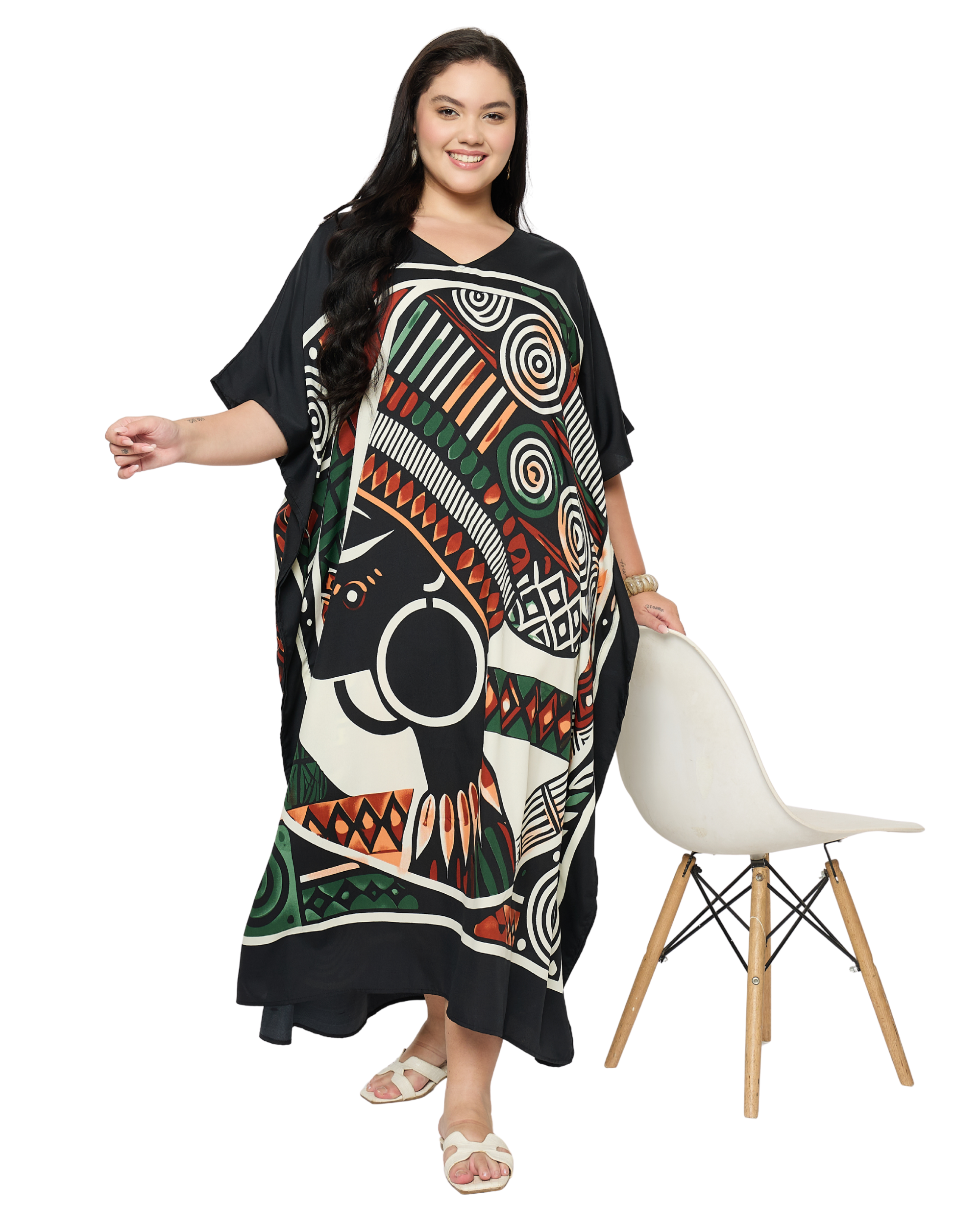 Black Tribal Polyester Plus Size Kaftan Dress for Women