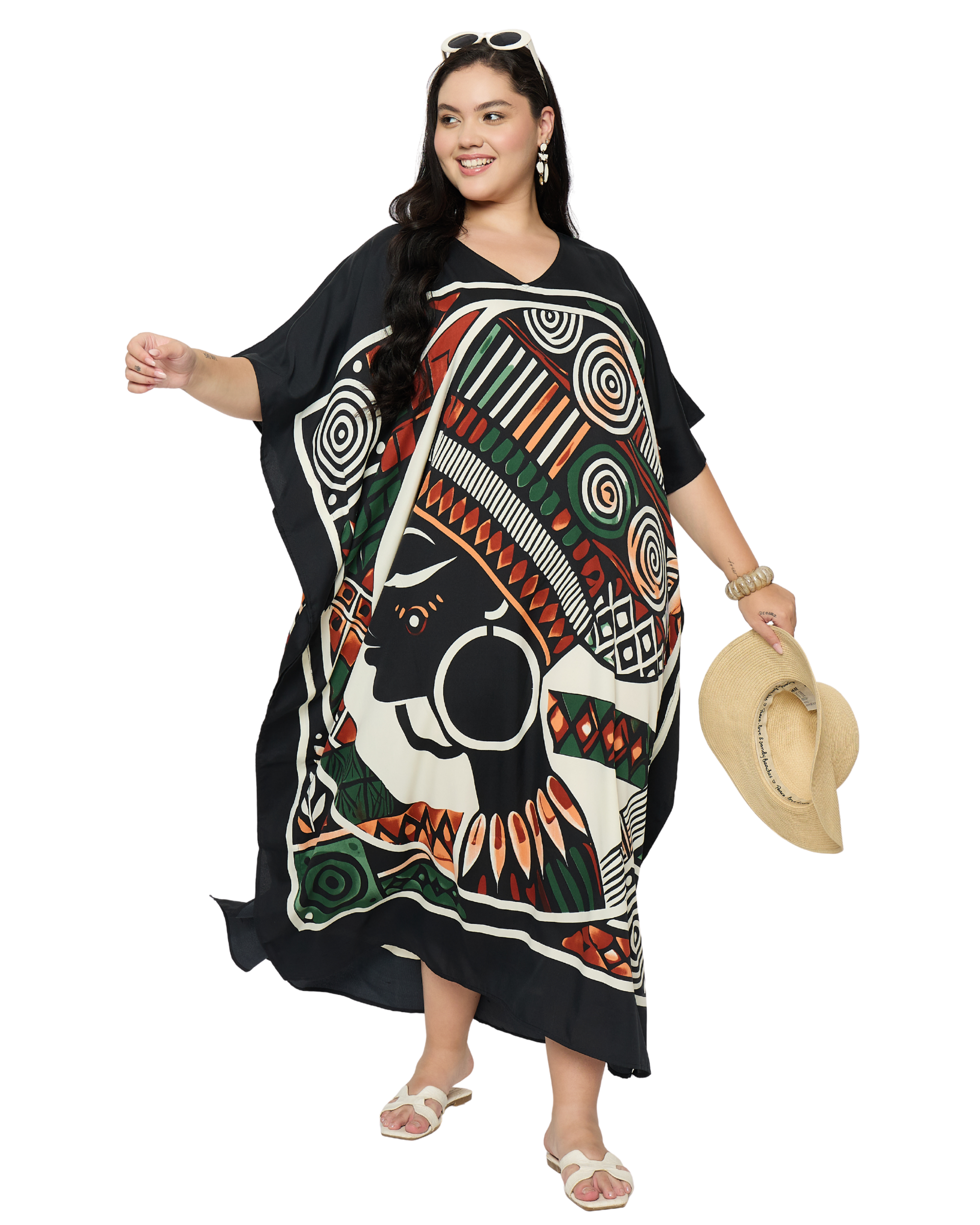 Black Tribal Polyester Plus Size Kaftan Dress for Women