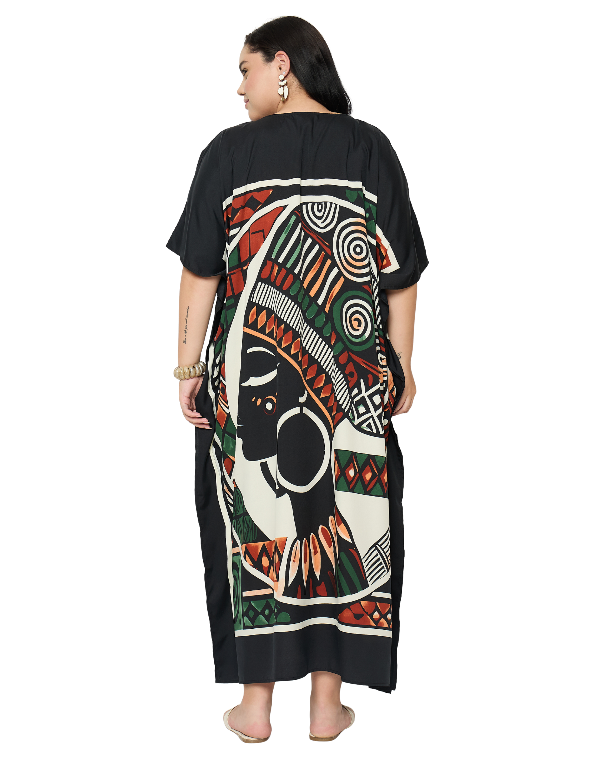 Black Tribal Polyester Plus Size Kaftan Dress for Women