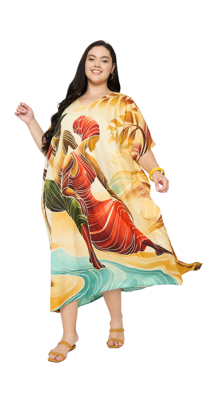 Cream Tribal Polyester Women Plus Size Kaftan Resort Dress - SKU SG152-9201 - Gypsie Blu