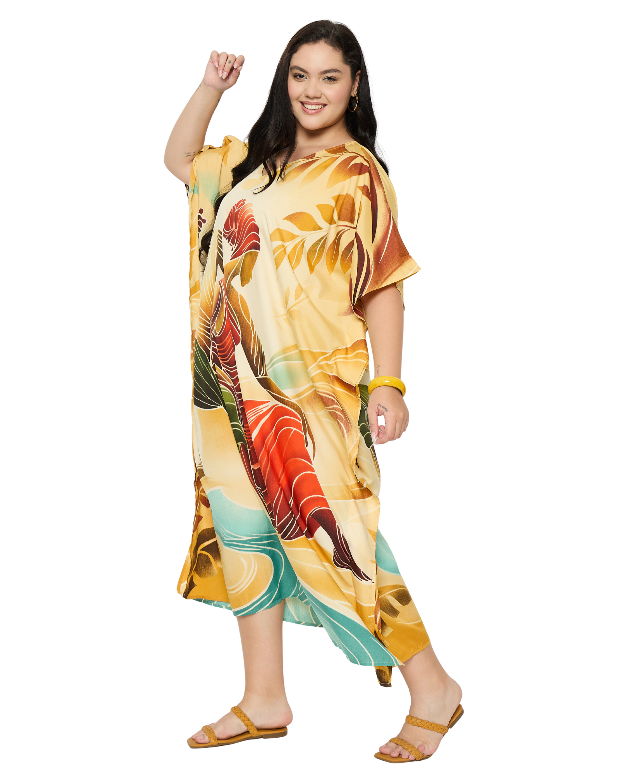 Cream Tribal Polyester Plus Size House Caftan for Women