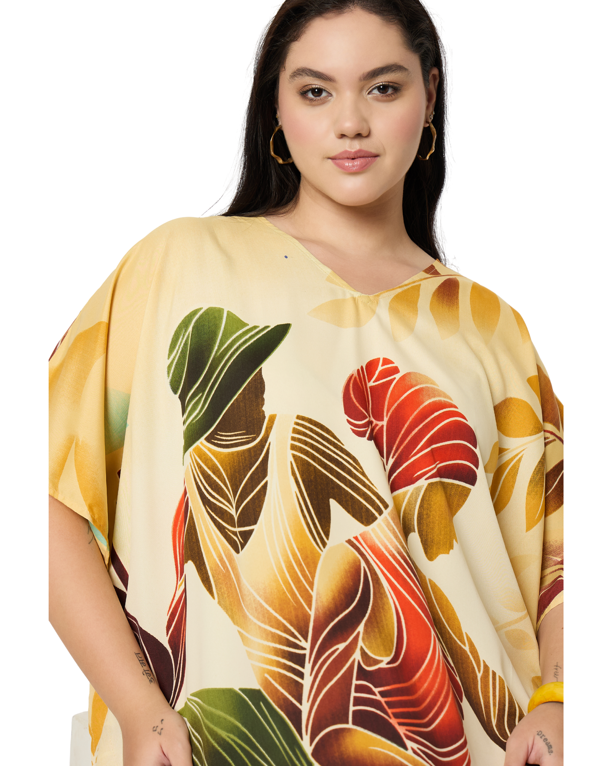 Cream Tribal Polyester Plus Size House Caftan for Women