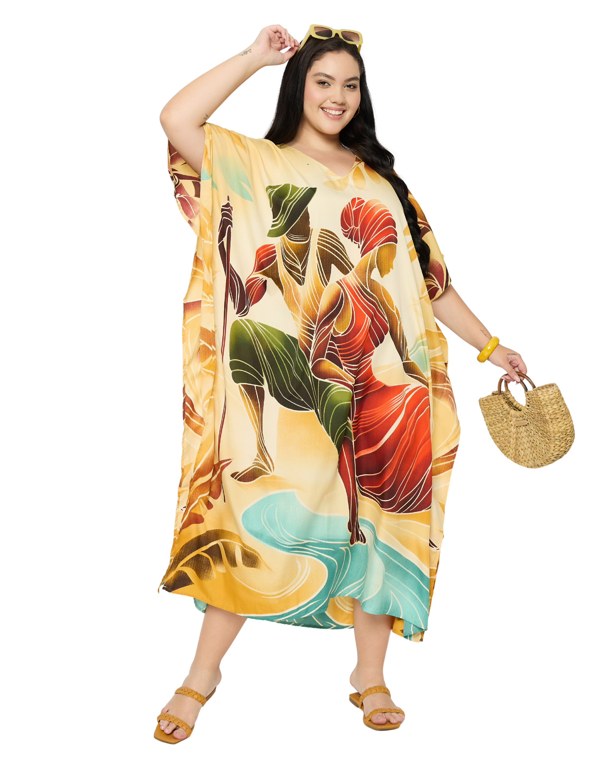 Cream Tribal Polyester Plus Size House Caftan for Women