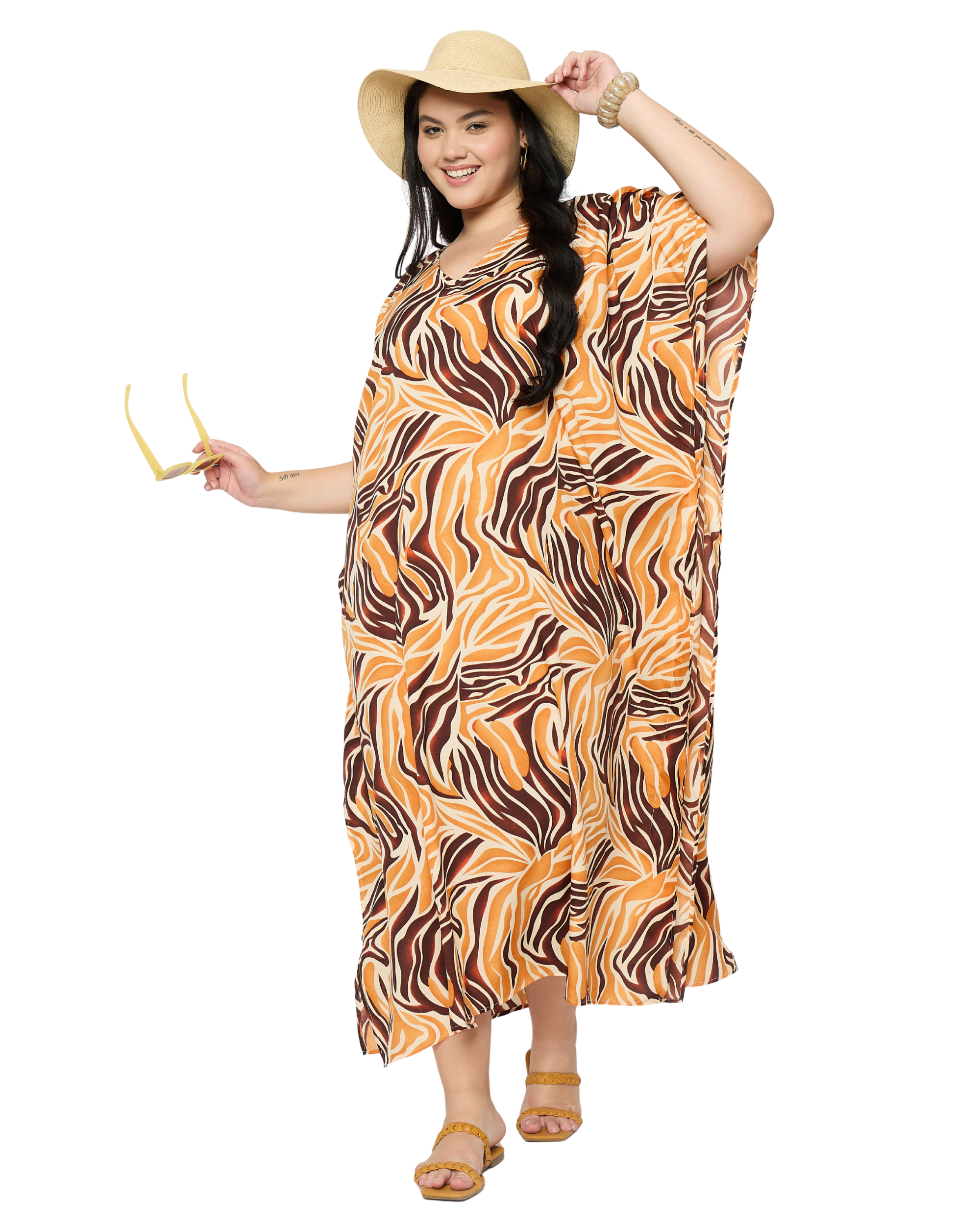 Swirl Print Orange Plus Size Caftan Dress for Women
